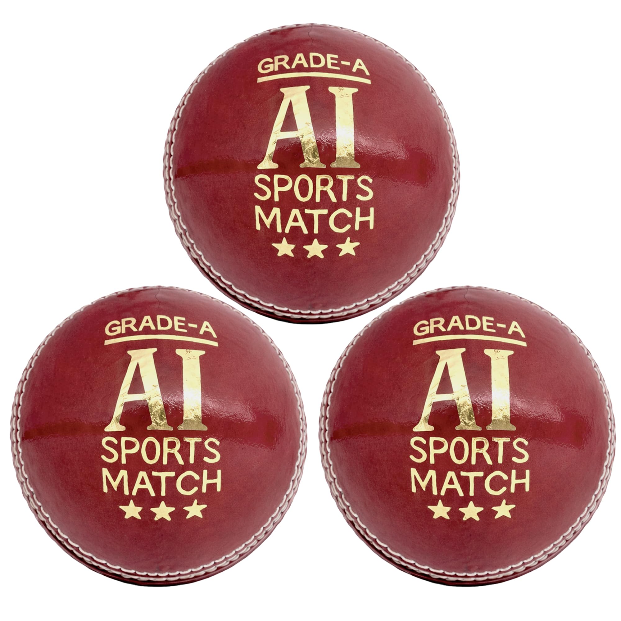 AI SPORTS Grade-A Leather Cricket Ball – Hand-Stitched Match Ball for Club & Practice Cricket – Senior, Women & Junior Sizes (3, Senior 5.5oz)