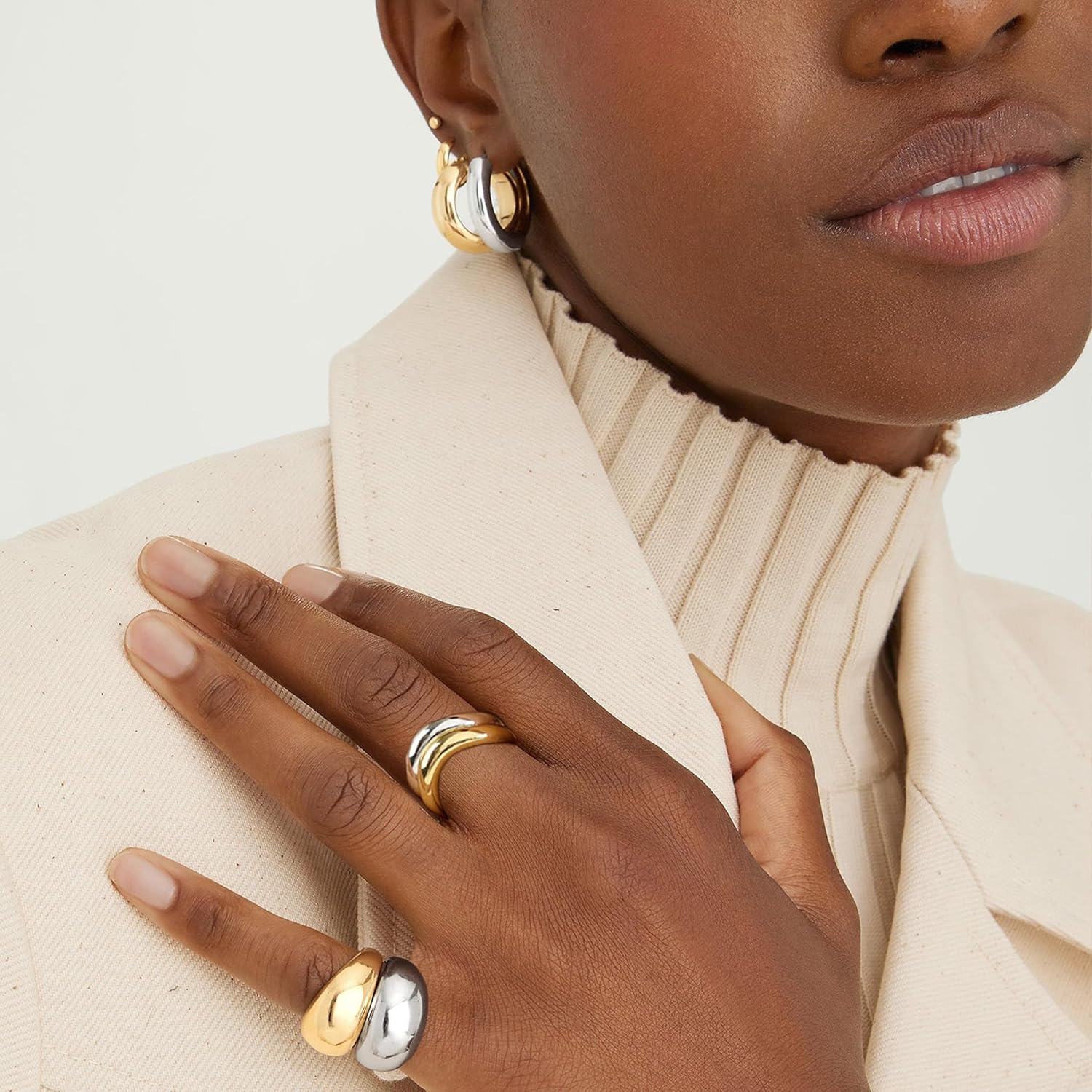 NOKMIT Chunky Wavy Dome Rings for Women, 14K Gold Filled Statement Bold Twisted Wave Bands, Stackable Thumb Ring, High Polish Non Tarnish Comfort Fit Size 6-10 - Image 3