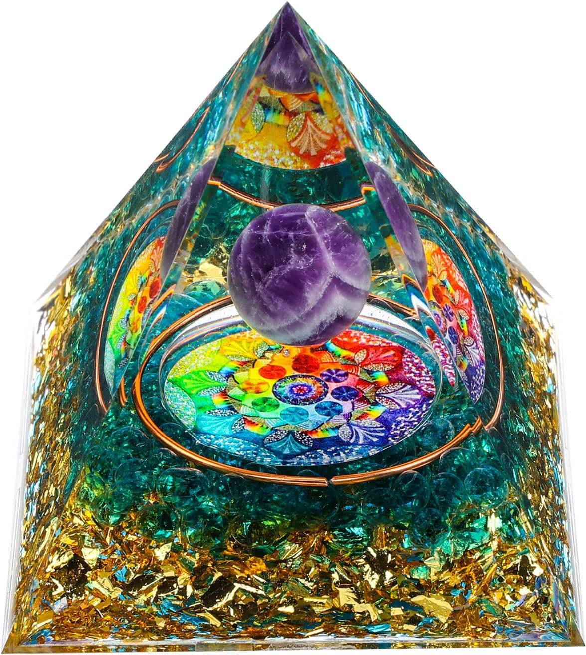 CHJGLNLOrgone Pyramid for Positive Energy, Amethyst Crystal Ball Orgonite Pyramid, Protection Crystals Energy Generator for Stress Reduce Healing Meditation Attract Wealth Lucky (Blue Glaze)