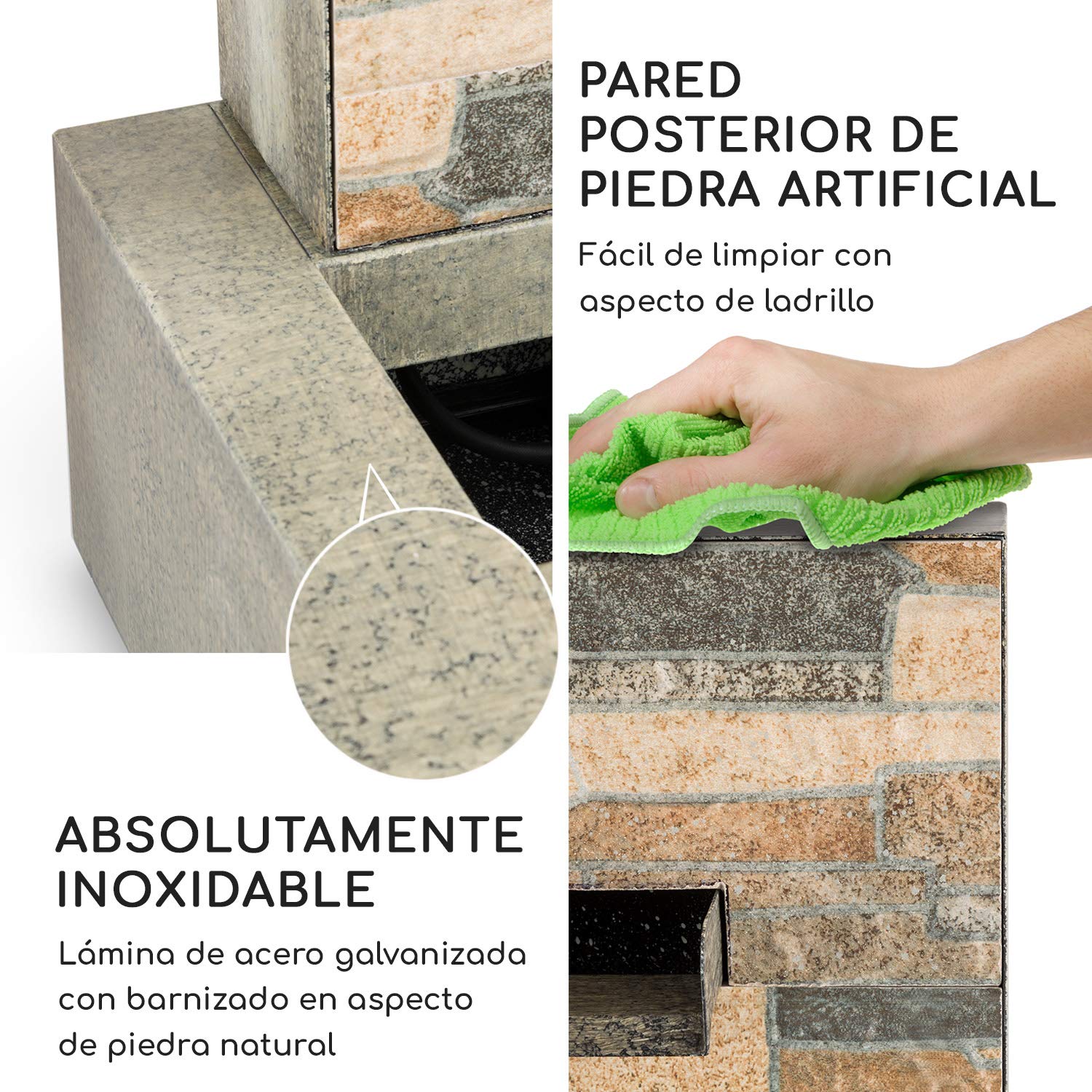 Blumfeldt Watergate - Fuente de Agua Decorativa, Bombea hasta 1000 l/h, Potencia 15 W, Protección IPX8, Uso Exteriores e Interiores, Aspecto Granito, Ladrillo Visto, Gris galvanizado