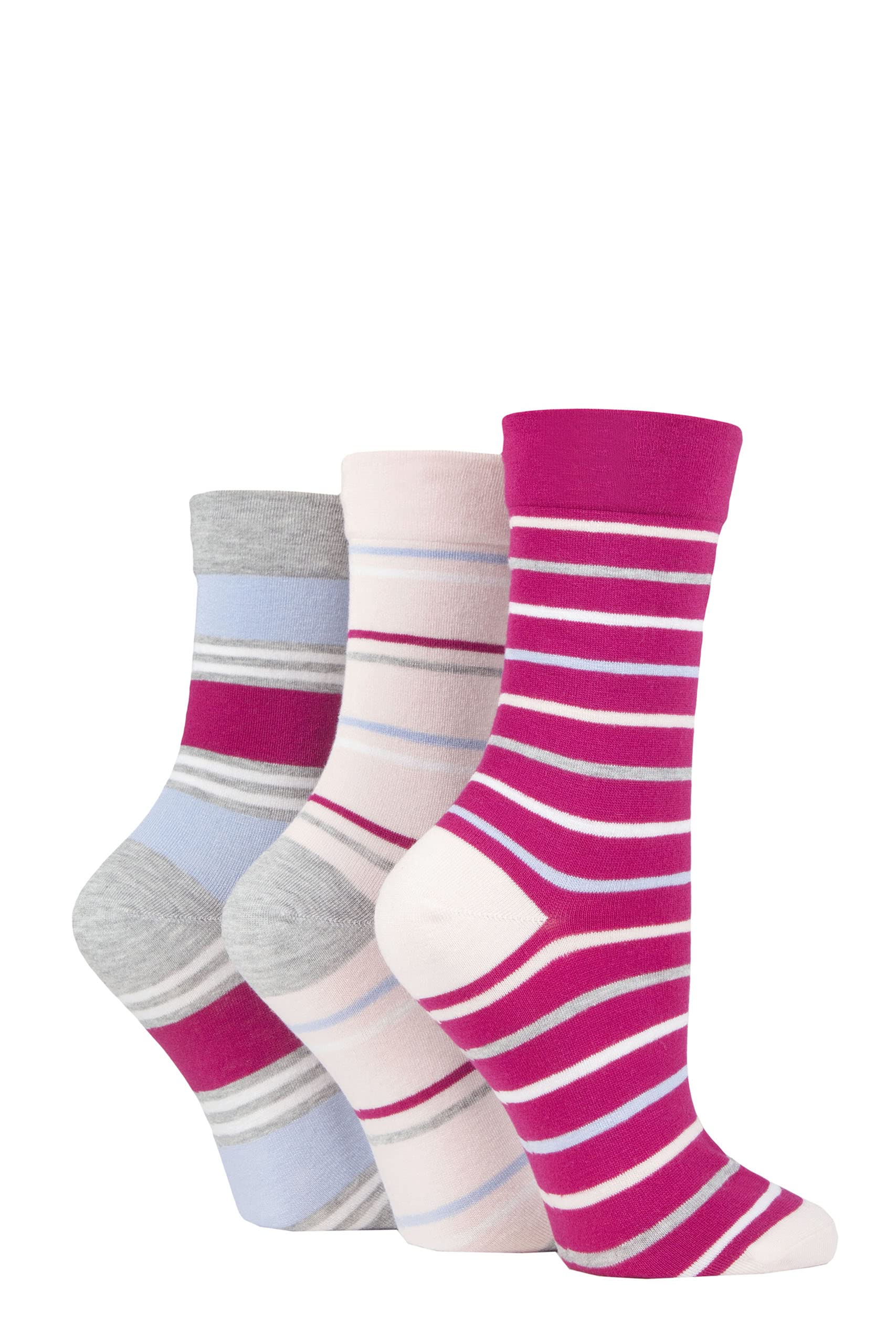 SockShop Ladies Gentle Bamboo Socks with Smooth Toe Seams In Plains and Stripes Pack of 3 (Pink Stripes, 4-8)