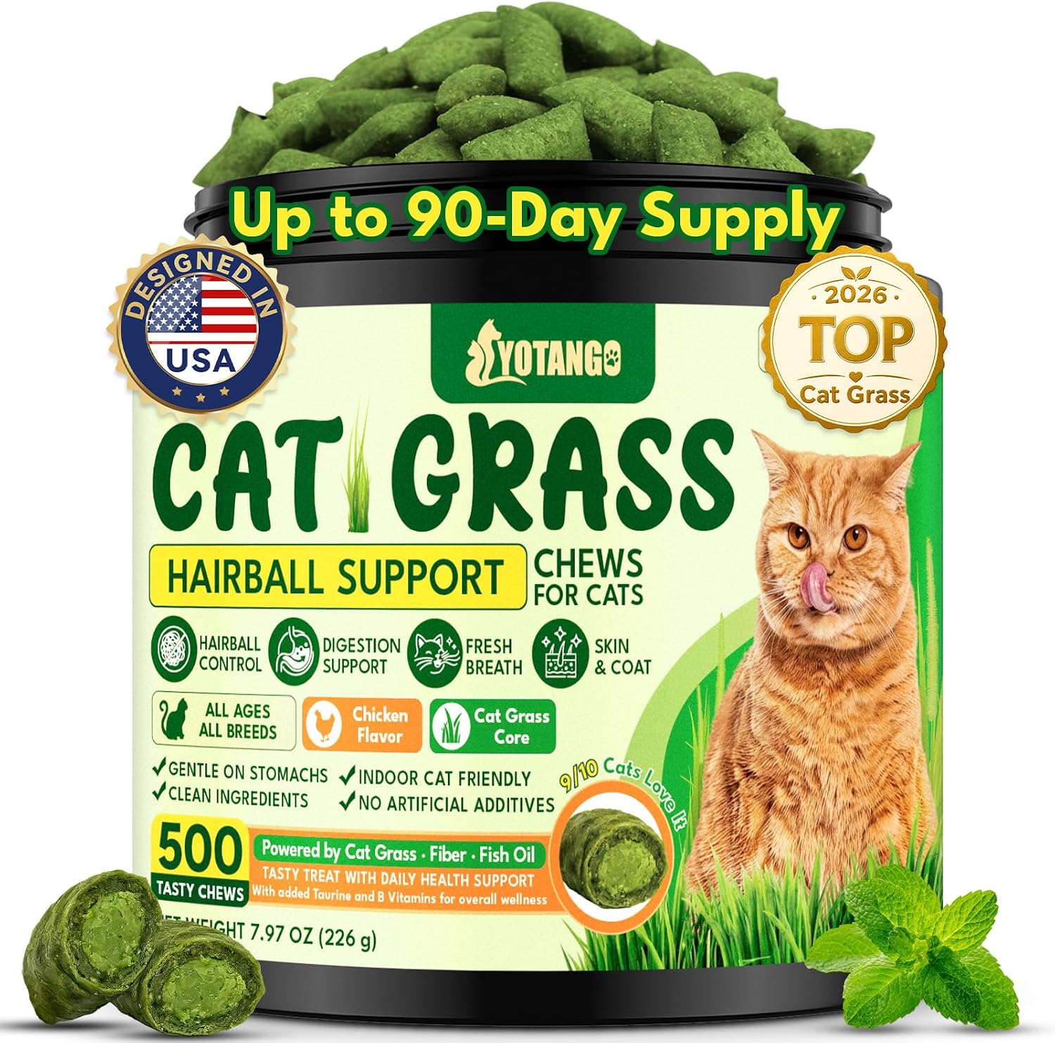 Cat Grass Treats Chews, Cat Treats for Indoor Cats 500 Ct, Hairball Control | Hairball Treatment for Cats with Fish Oil, Taurine & B Vitamins for Skin & Coat, Digestion & Dental Care, Chicken Flavor.