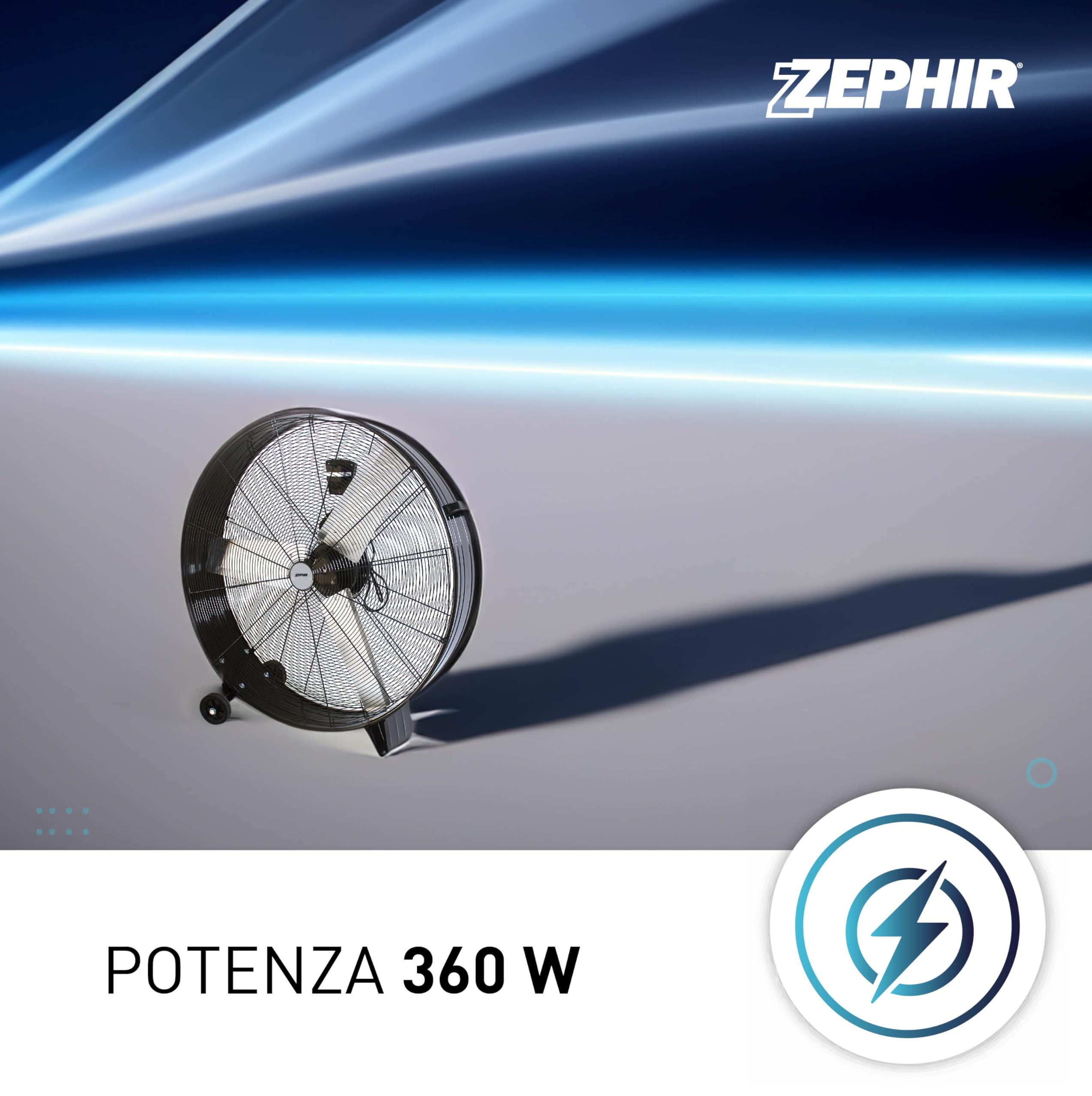 Zephir ZDM90CM Ventilatore Industriale da Terra Professionale con Ruote Struttura Interamente in Metallo Superpotente Pala 90 cm Gabbia 3 velocità selezionabili Motore da 360W, Nero