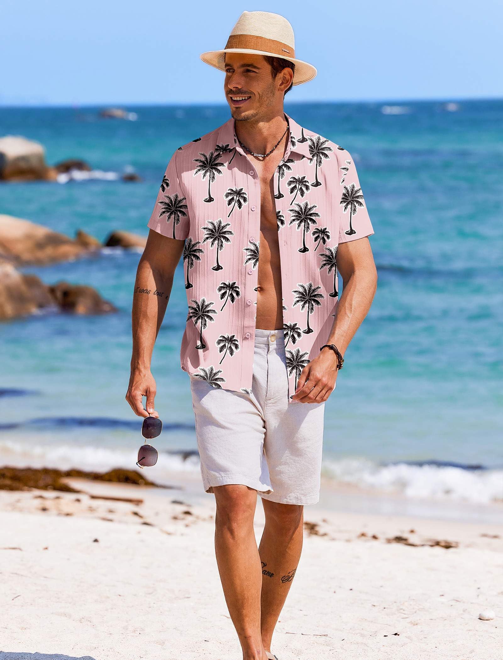 COOFANDY Chemises décontractées boutonnées à manches courtes pour homme - Chemises d'été texturées pour la plage