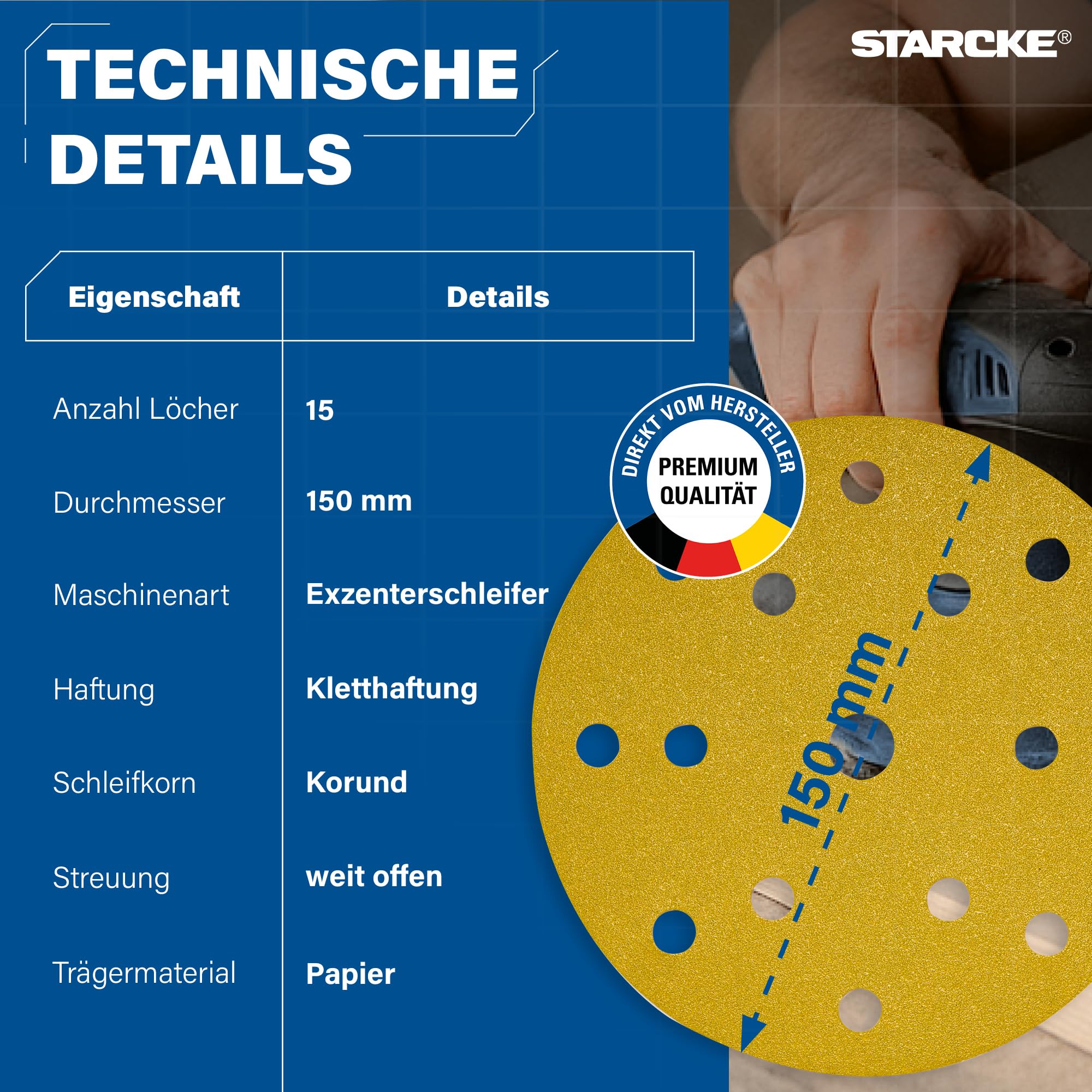 STARCKE® Schleifscheiben 150mm Klett - Langlebig - MADE IN GERMANY [50x/100x] - 15-Loch Exzenterschleifer 150mm Schleifscheiben - für Holz, Farbe, Lack, Spachtel, Kunststoff (P120,100x)