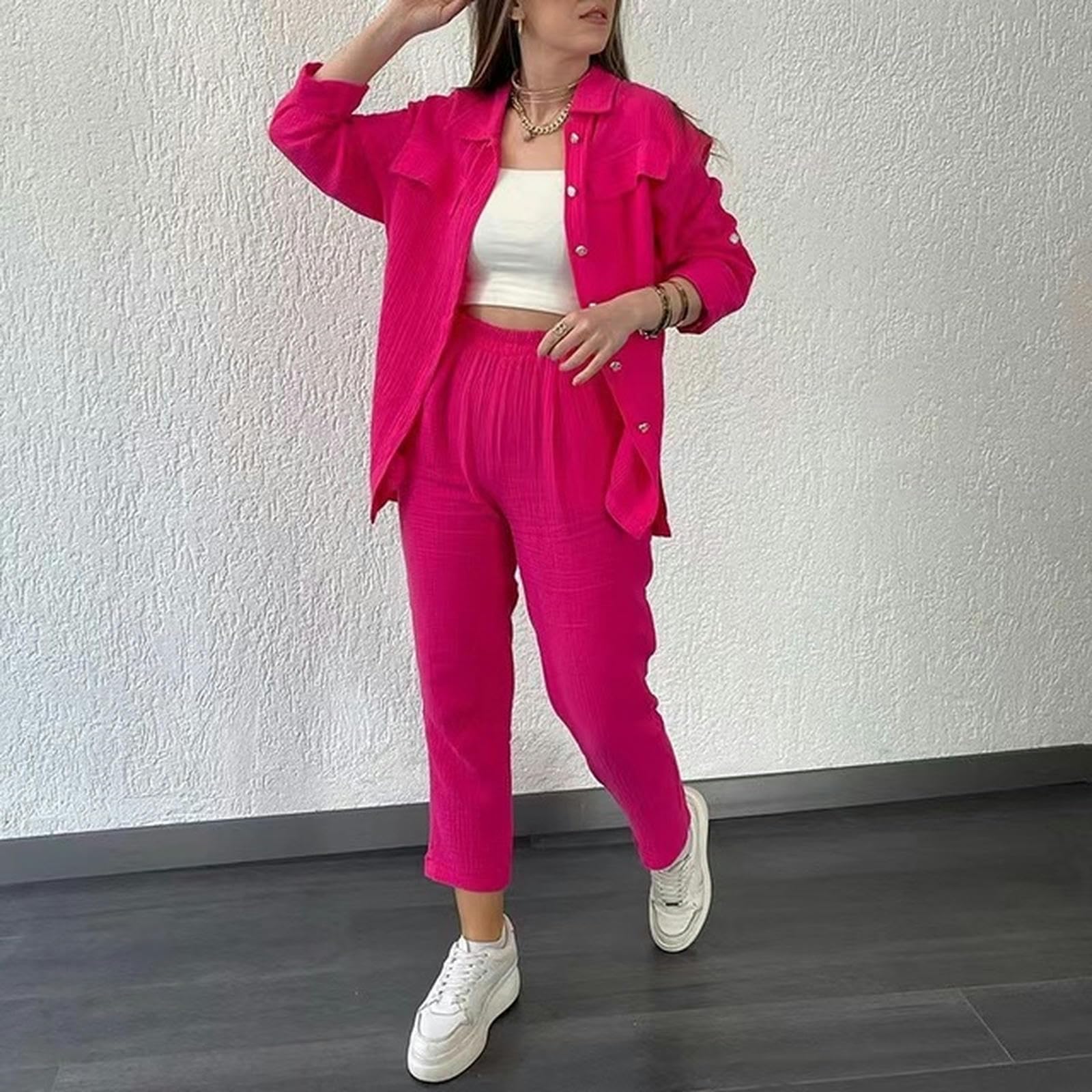 Nouveau Automne Pyjama décontracté Pyjamas Ensemble Femmes Revers Pyjama Cardigan Costume Pantalon Gaze Chemise Service à Domicile-Rose TZ170-S