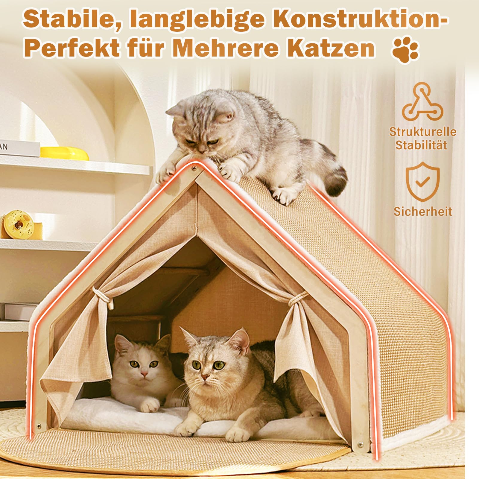Katzenhaus mit Kratzbrett,2-in-1Holz Sisal Katzenhaus Kratzbrett Katzenzelt