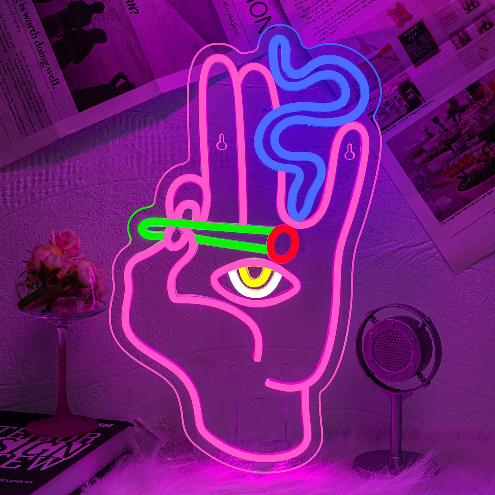 WLHOPE Evil Eye Hand Neon Sign for Wall Decor Pink Blue Led Lights Hamsa Light Signs USB Connectivity Eye Neon Light Signs for Bedroom Game Room Home