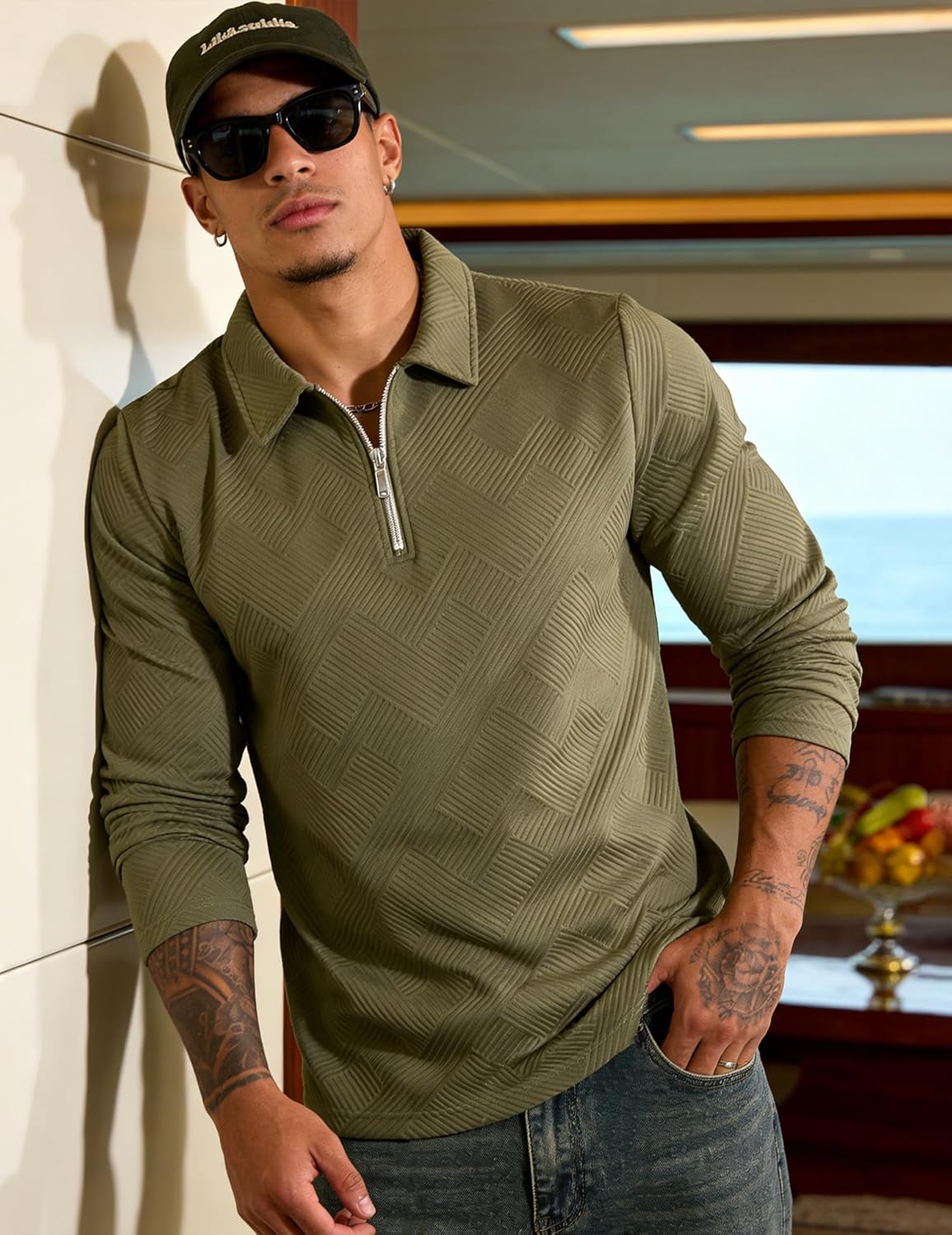 UOUA Men's Polo Shirt Quarter Zip Tops Soild Casual Geometric Texture Long Sleeve Sweaters Pullover Golf Sweatshirts - Image 4