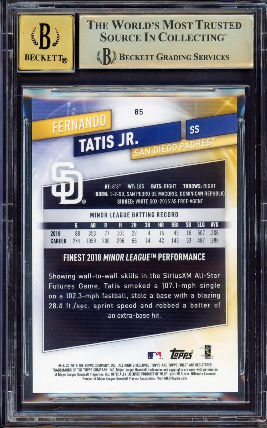 Fernando Tatis Jr. Autographed 2019 Authentic Finest Purple Refractor Rookie Card #85 San Diego BGS 9.5 Auto Grade Gem Mint 10 Highest Graded #115/250 Beckett BAS #15350029