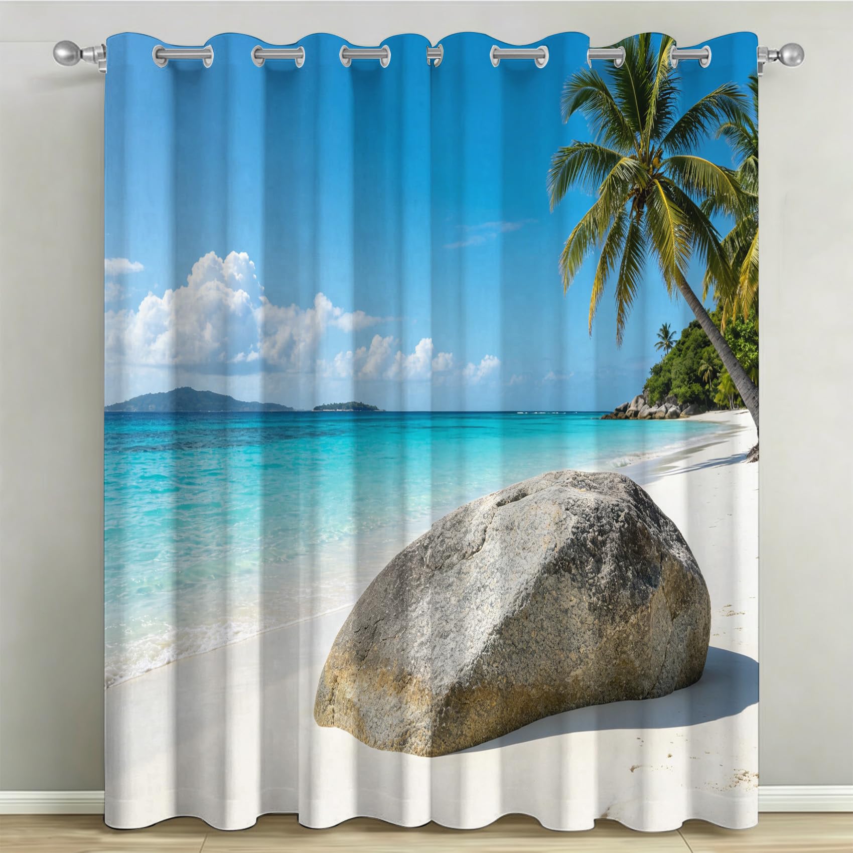 Rideau Vue sur la Plage 3D 140x260 | Rideaux Occultants de Salon pour une Ambiance Vacances d'Été