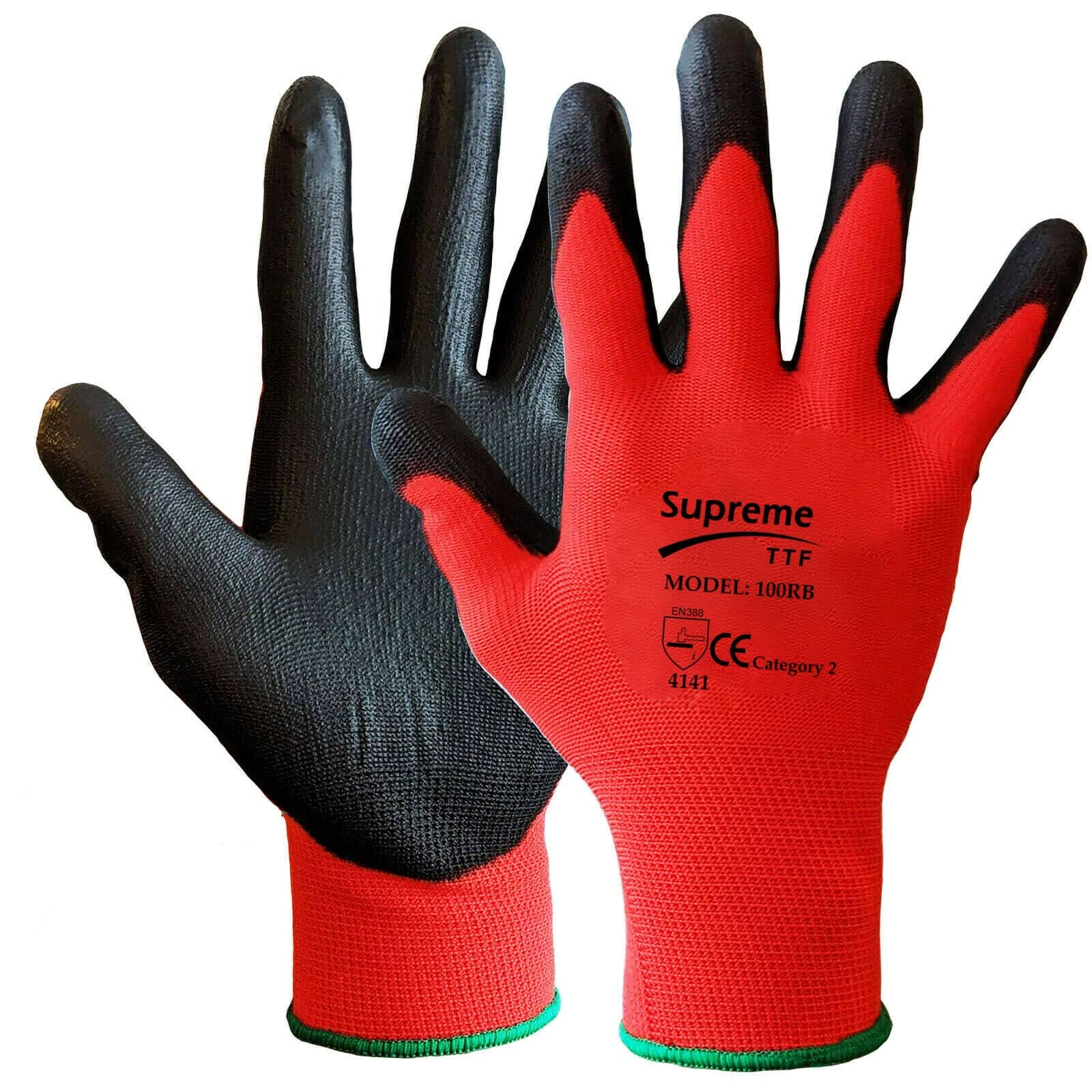Supreme TTF 24 Pairs PU Coated Red Black Nylon Work Gloves. Gardening Gloves, Builders Gloves, Mechanic Gloves, Strong Grip Gloves, (Small)