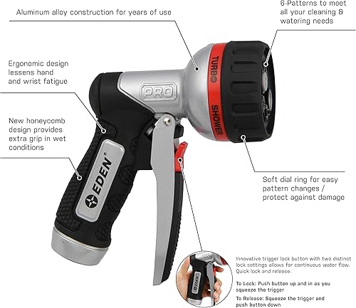 Miniatura 17 de Eden 94824 Boquilla rociadora de manguera de jardín con control de pulgar de metal resistente, 6 patrones, rociador de alta presión con conector