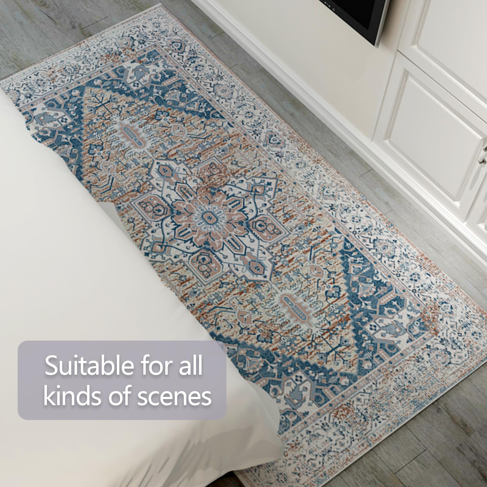 Tapis Lavable Tapis in & Outdoor Tapis Balcon Terrasse Tapis de Cuisine, Moderne Motif Boho Ethno Tapis Salon Chambre(Vintage Blue, 160 X 230 cm)