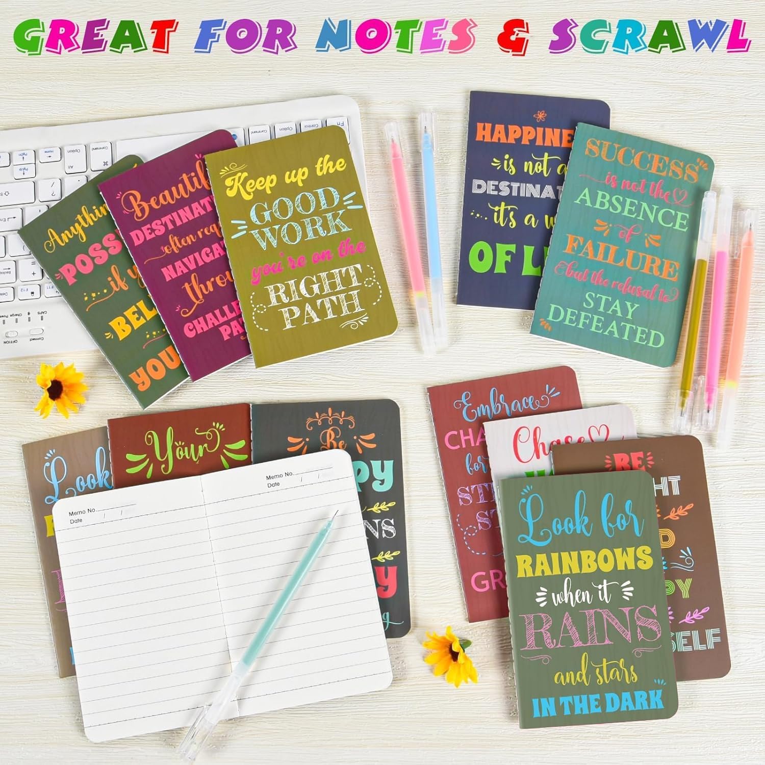 60 Pcs Mini Inspirational Notebooks Bulk with 60 Pcs Colorful Pens, Small Pocket Journal Notepads Set, Motivational Bulk Gifts for Women Men Teacher Student, Fun School Office Supplies, 3.5"x5.5"