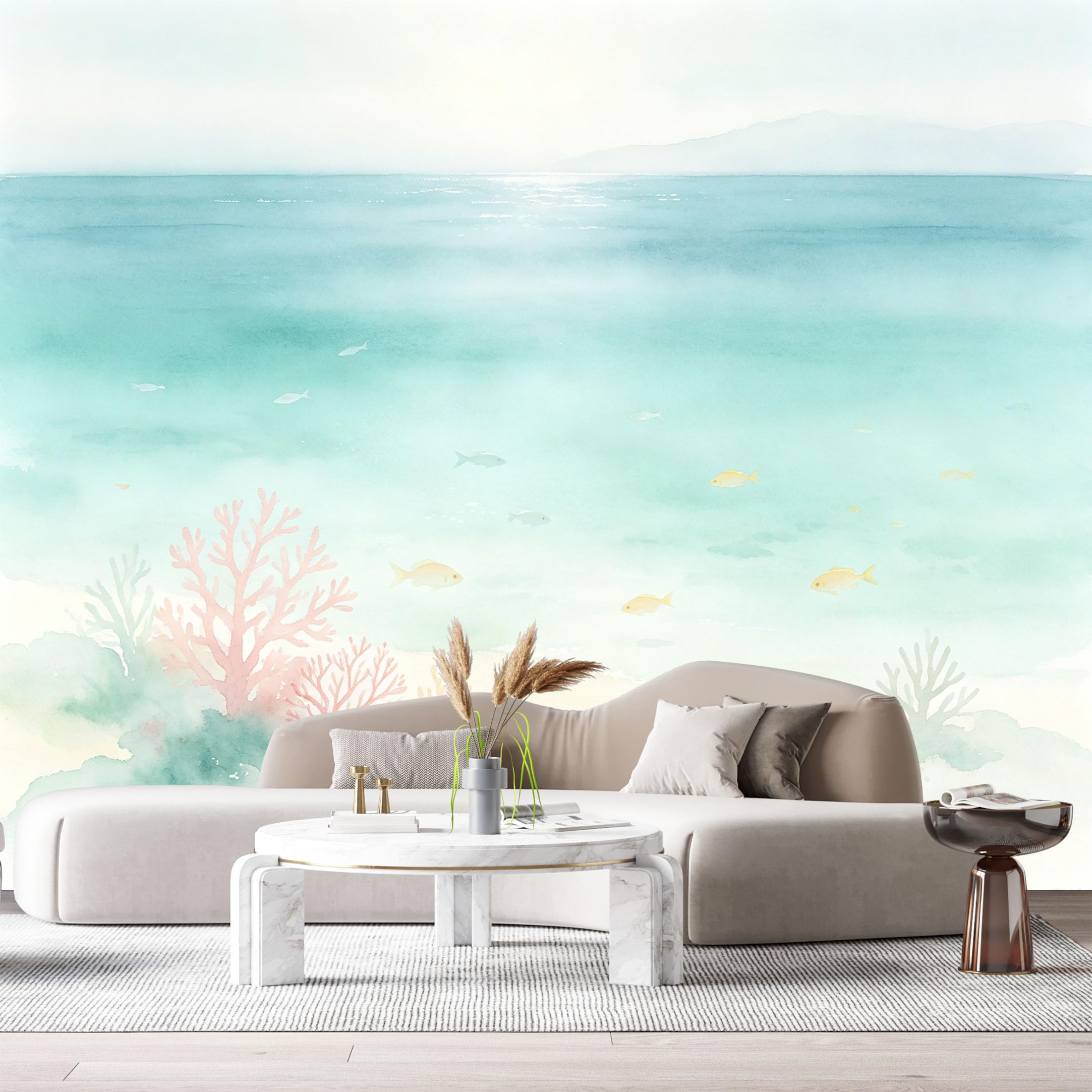 Custom Size Wall Murals Ocean Marine Watercolor Coral Fish SelfAdhesiveWall Fabric Removable Wallpaper Wall Decor for Living Room Bedroom Bathroom