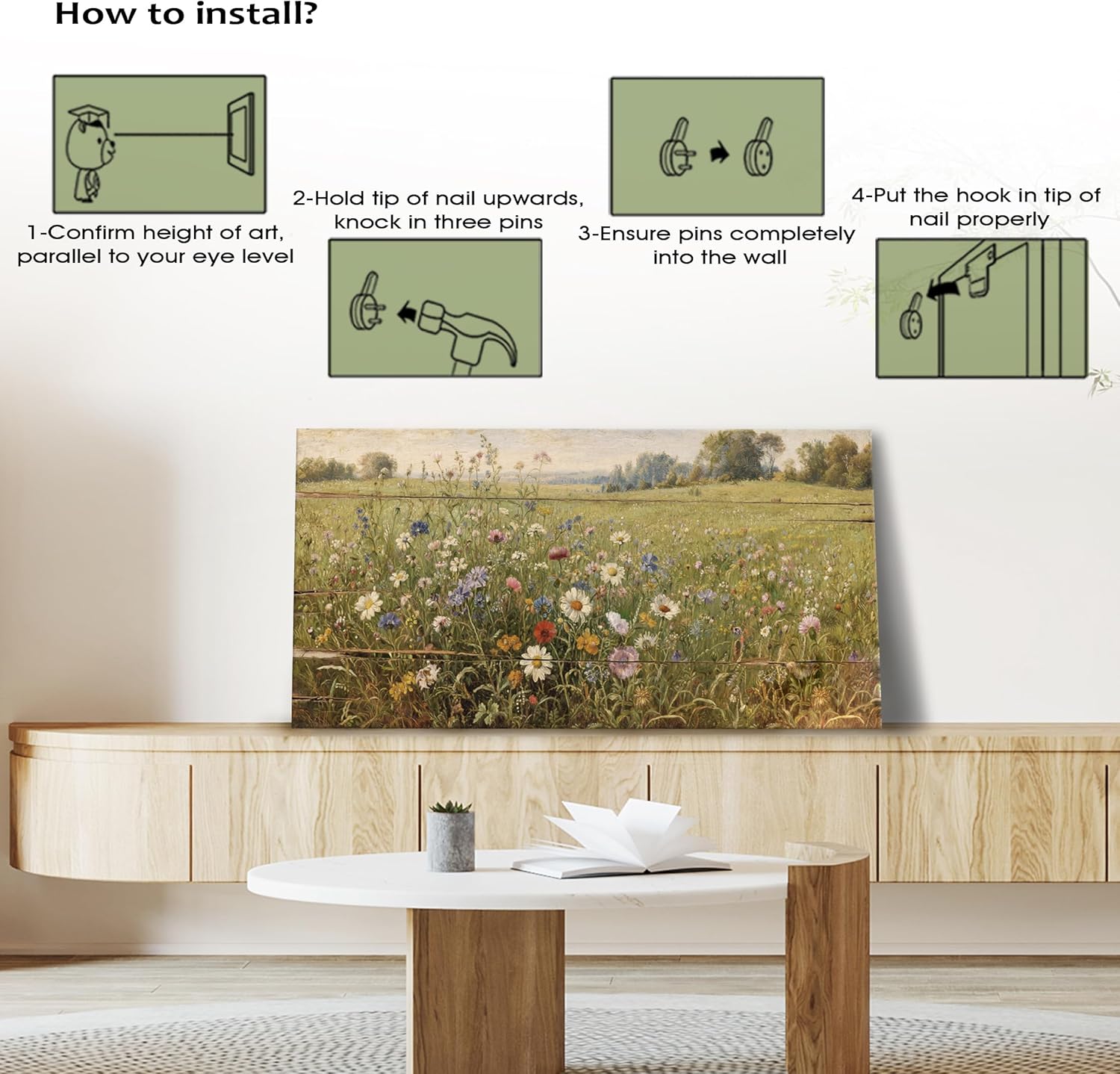 Sorbrozo Wildflower Meadow Canvas Wall Art Nature Landscape Print Floral Countryside Scene for Living Room Home Decor Size:24x48in