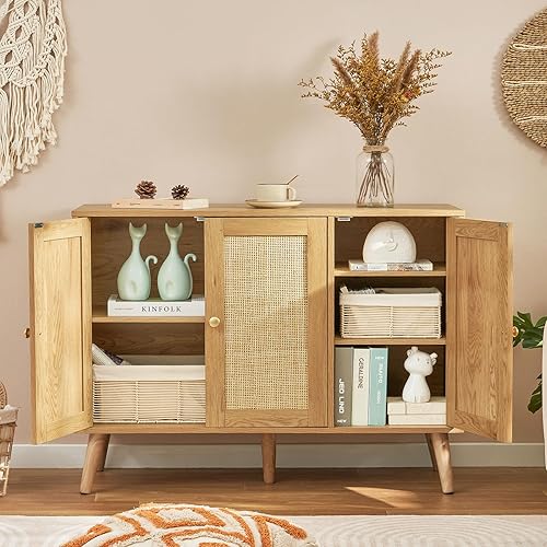 Miniatura 9 de Quimoo Aparador de buffet, gabinete de ratán bohemio con 3 estantes ajustables y puertas de ratán, mesa de entrada para sala de estar, comedor,