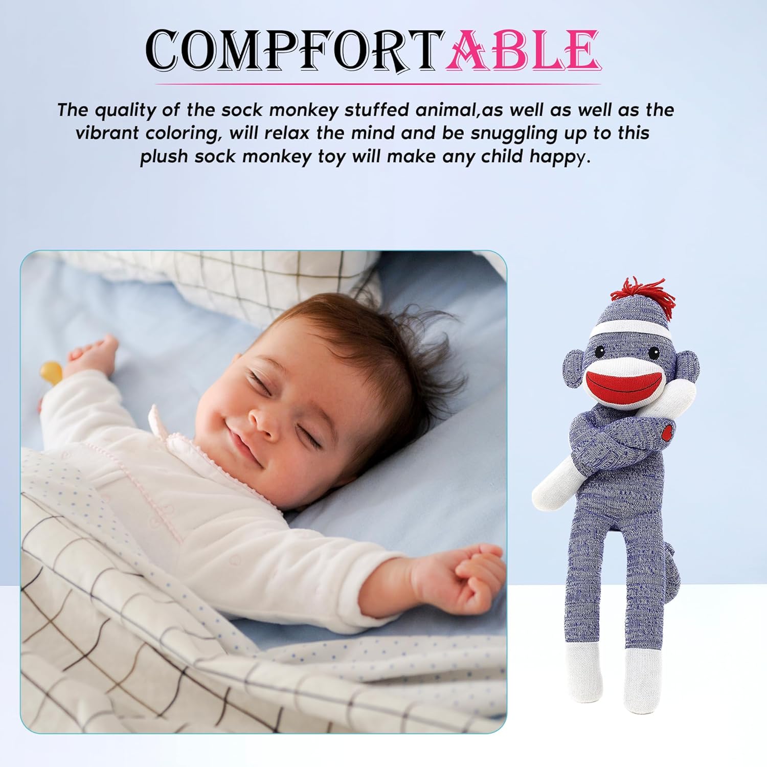 Adorable Sock Monkey, The Original Traditional Hand Knitted Stuffed Animal Toy Gift-for Kids, Babies, Teens, Girls and Boys Baby Doll Present Puppet (20" Blue)