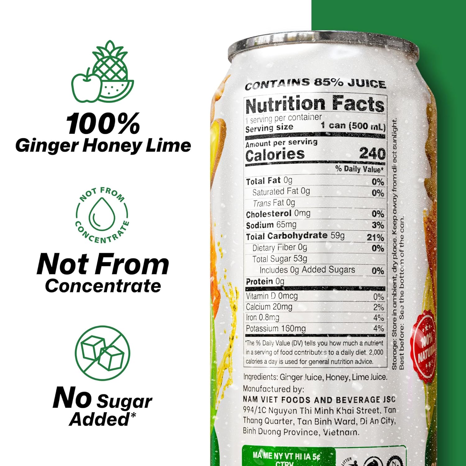 VINUT Ginger, Honey & Lime Juice, 85% Juice, No Added Sugar, Not From Concentrate, 16.9 fl oz (500 mL) Can, Pack of 12