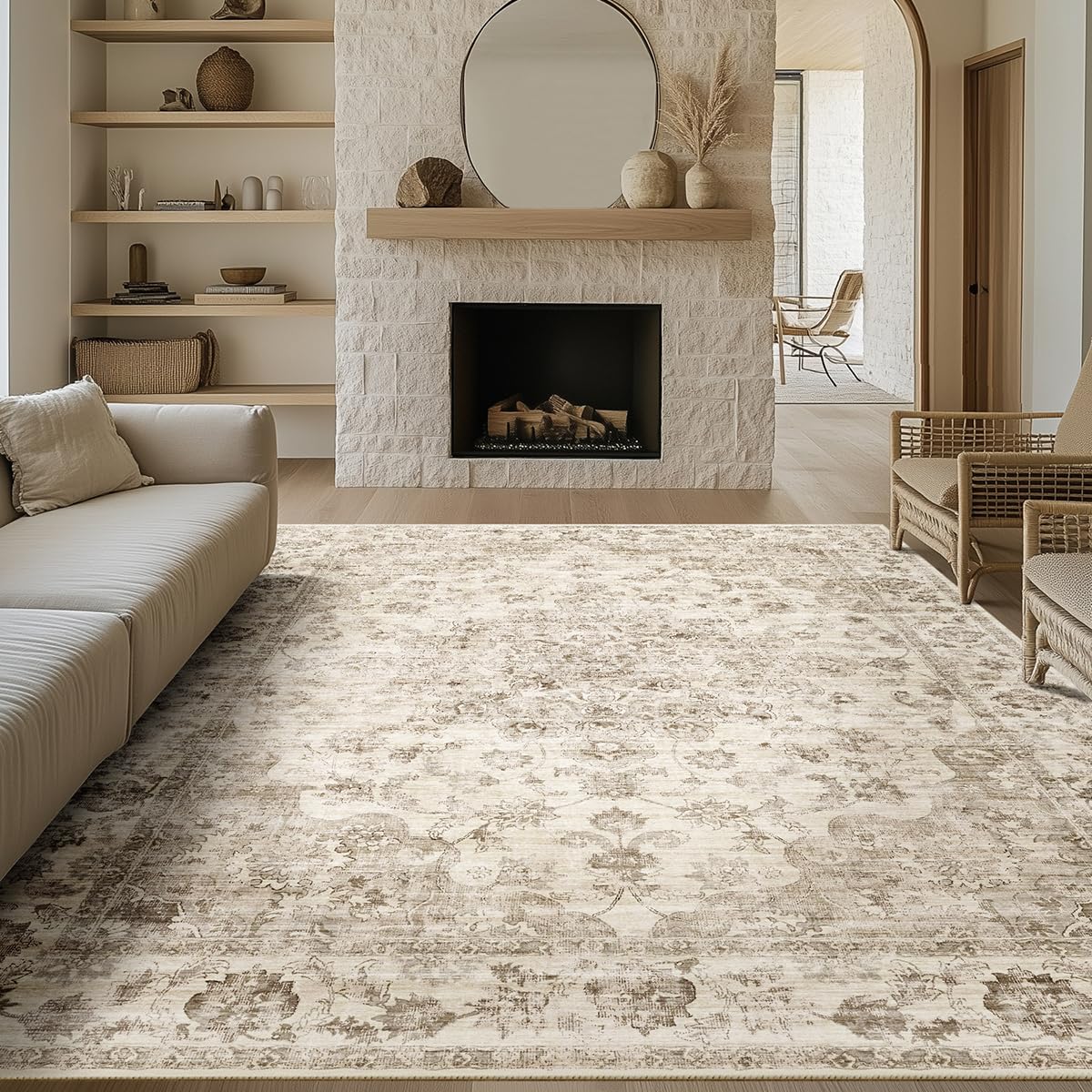 wondrg 8x10 washable neutral area rug beige vintage living room bedroom carpet non-slip soft medium pile floral indoor large throw rug for dining room office
