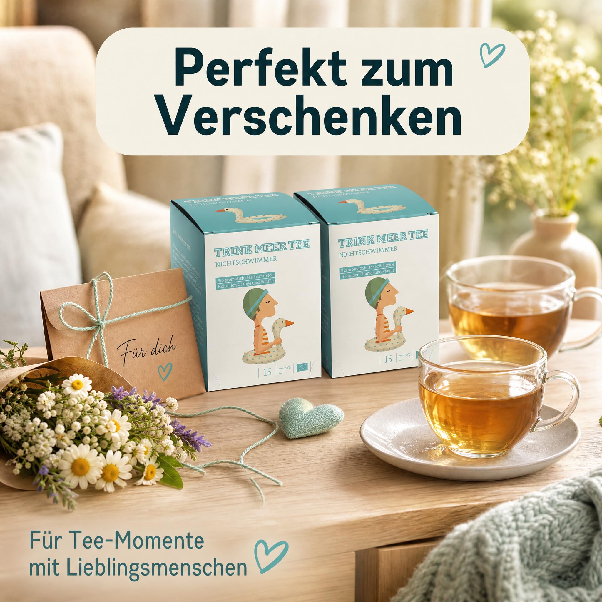 6 x Trink Meer Tee Früchtetee Nichtschwimmer, aromatisiert mit Holunder, Orange und Vanille, handgenähte Kissenbeutel, koffeinfrei, vegan und glutenfrei, zertifiziert, 30 Kissenteebeutel