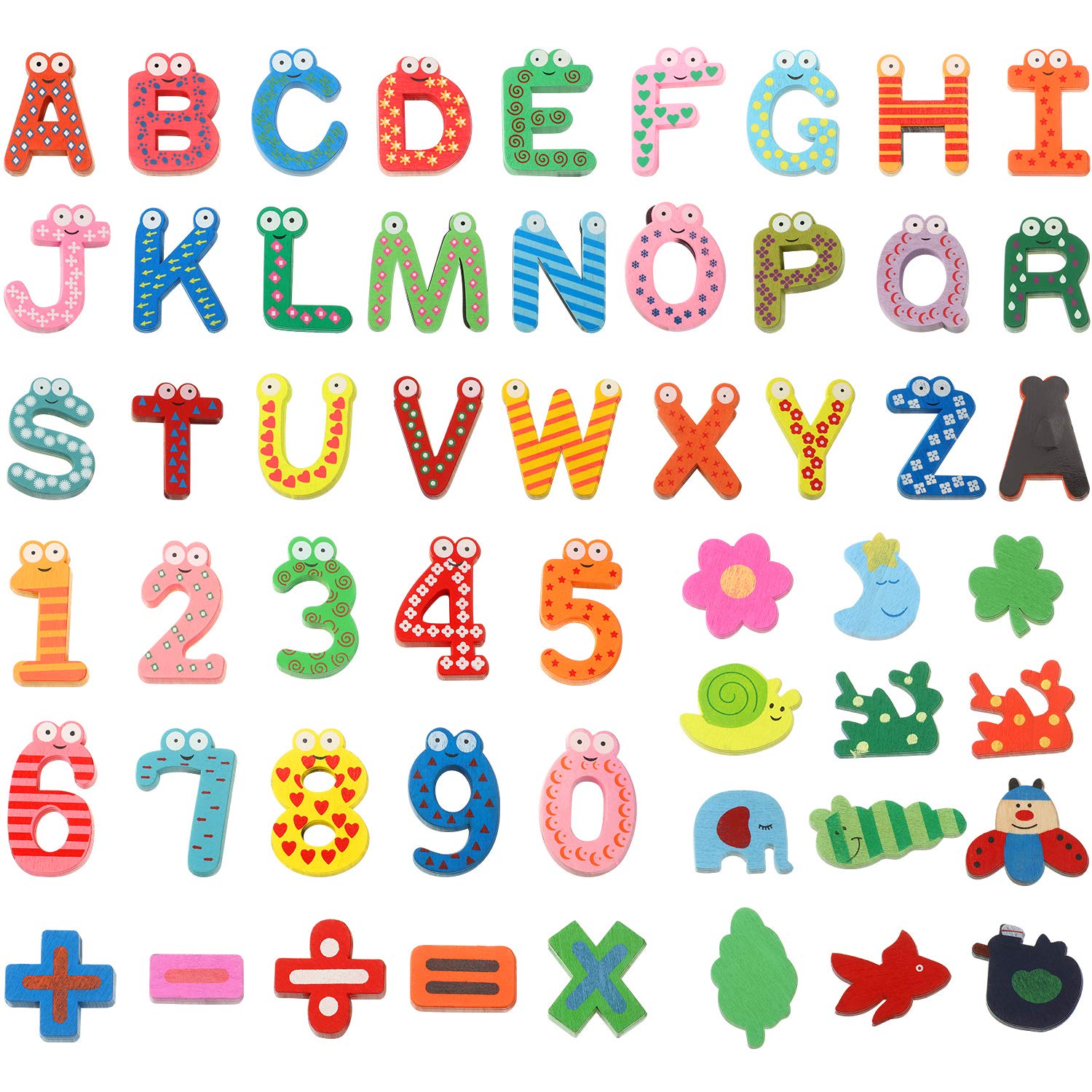 53 Pieces Magnetic Letters Fridge Wooden Alphabet Magnets Novelty Cartoon Animals Numbers Letters Refrigerator Magnets Wooden Fridge Magnet Letters Whiteboard Magnetic Stickers for Learning/Education