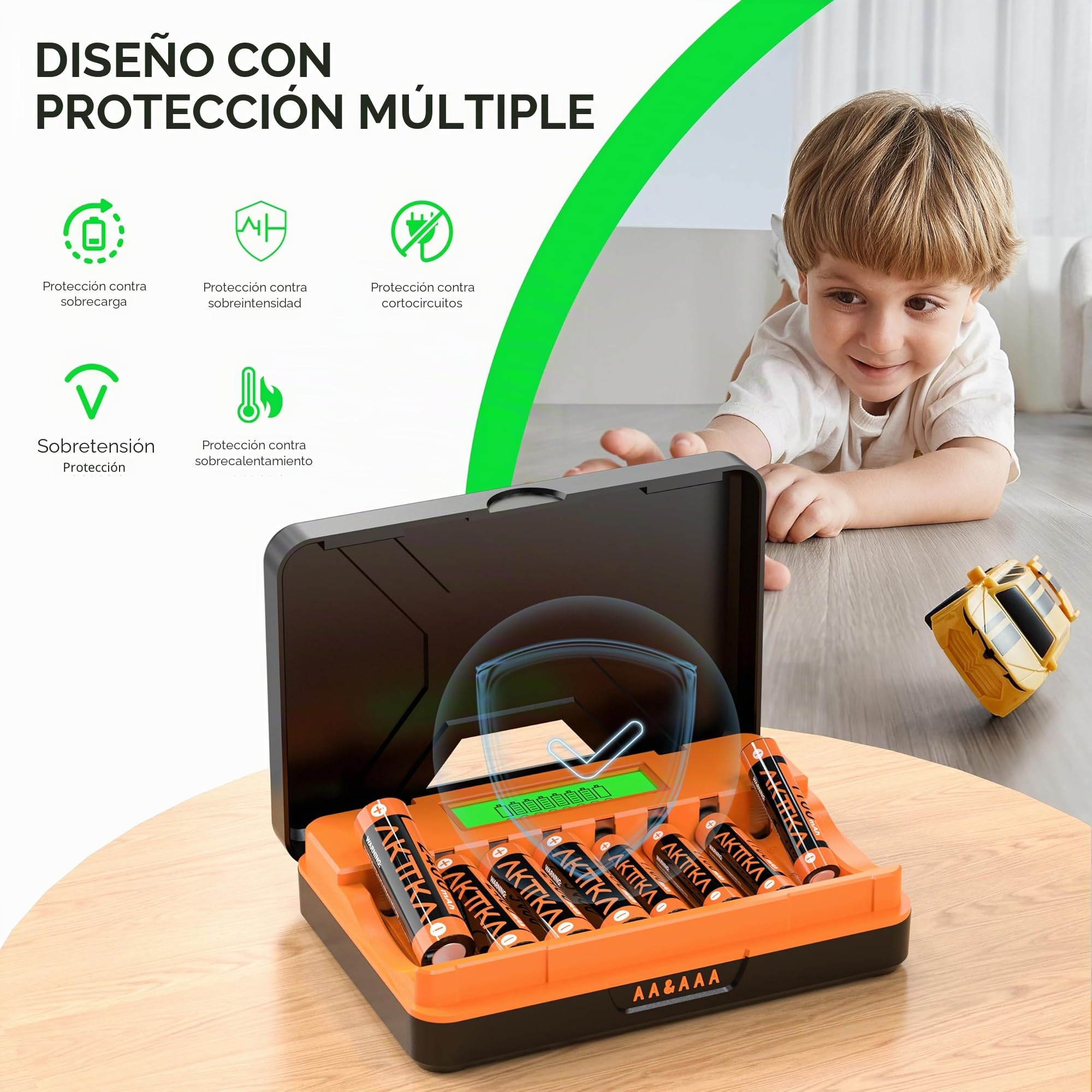 Cargador de Pilas de 8 Ranuras, con 4 Pilas Recargables AA de 2400 mAh y 4 Pilas AAA 1100 mAh Ni-MH 1,2 V, con Cable de Carga Tipo C