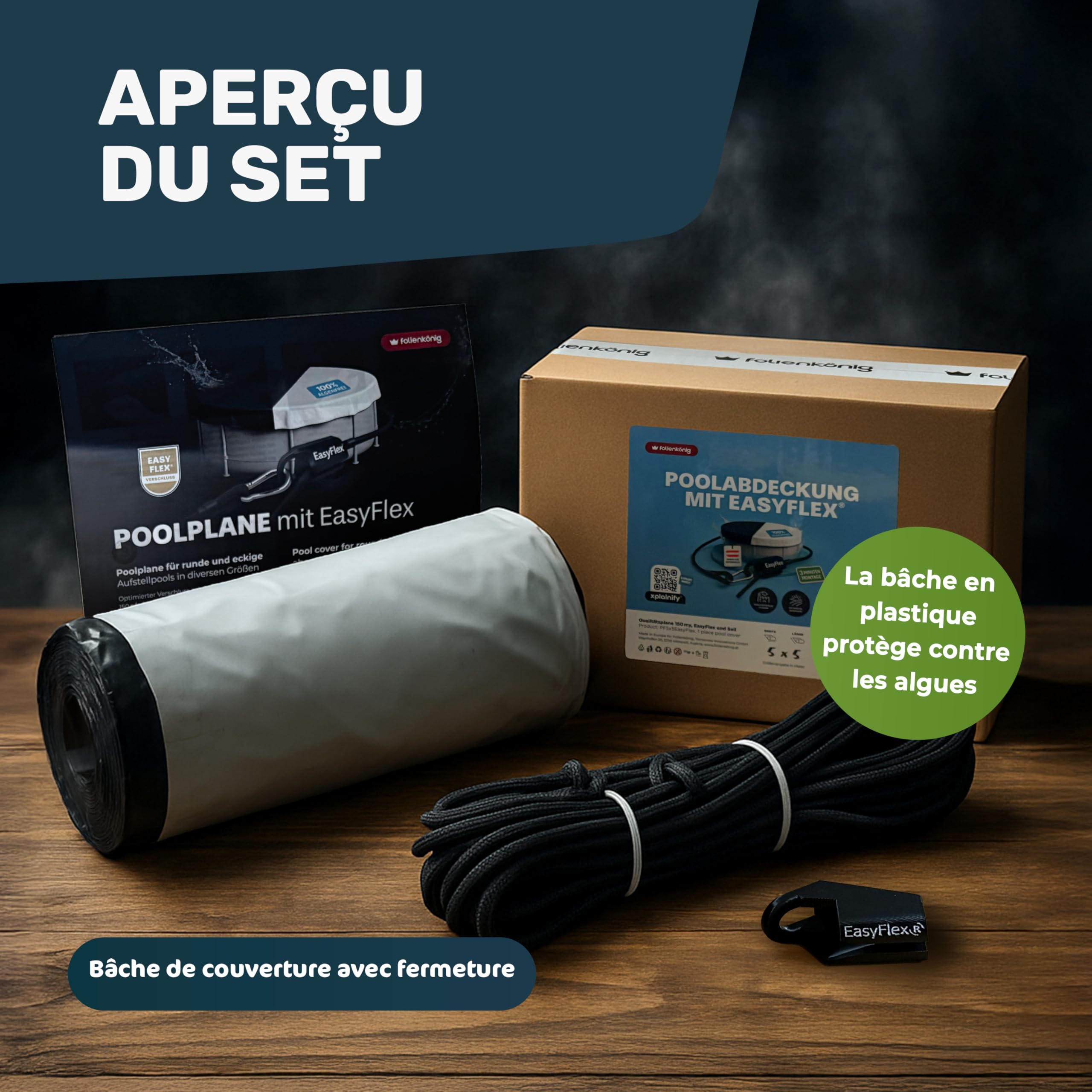Bâche de Piscine en Film d'ensilage Premium 6x6m pour piscines Ø 420–520 cm | Fermeture EasyFlex®, Couverture opaque anti-algues, Bâche d'hiver & d'été, Résistante aux déchirures