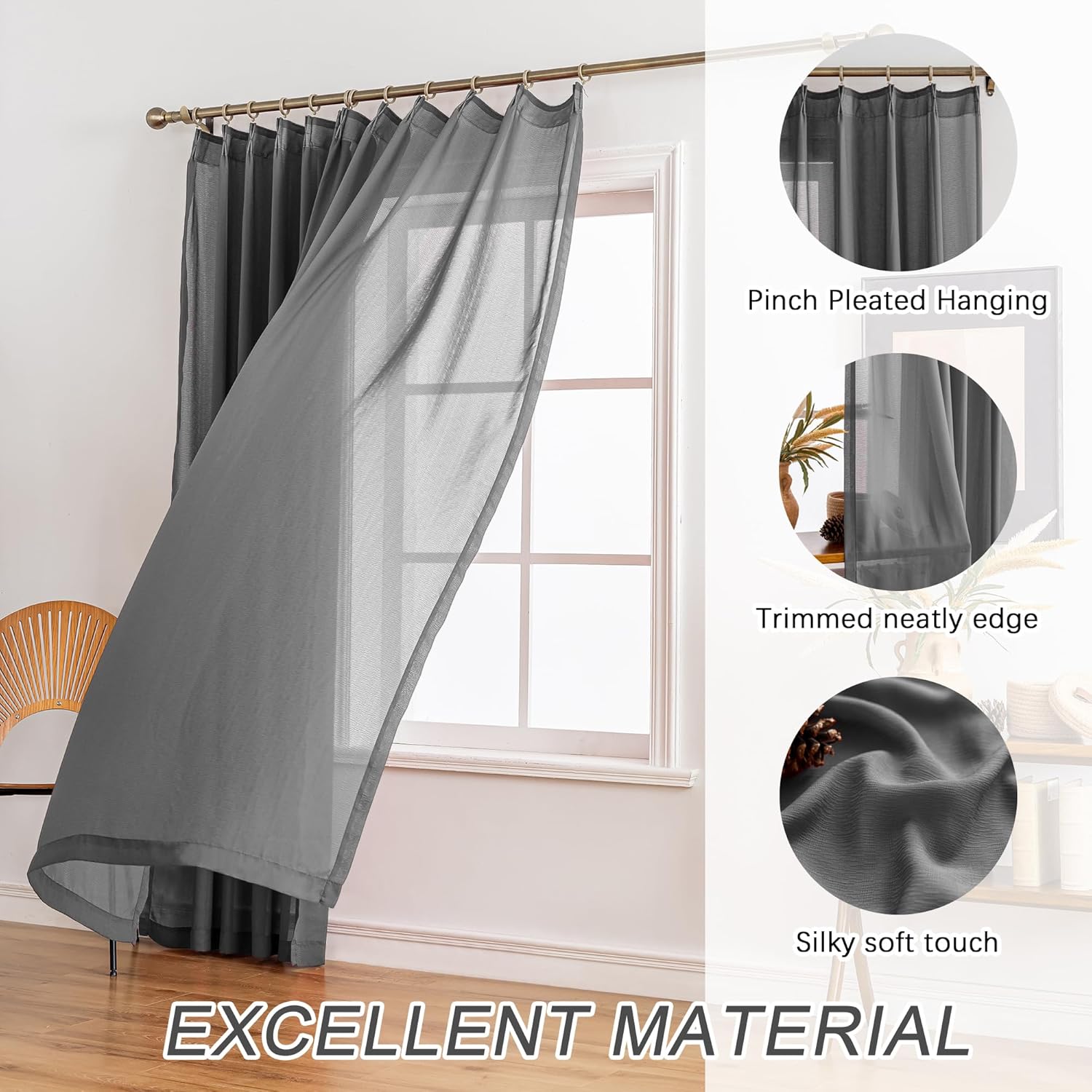 Pinch Pleated Sheer Curtains 96 Inch Length 2 Panels Set, Semi Voile Sheer Curtains for Bedroom Living Room Pinch Pleated Soft Touch Light Filtering Drapes(Gray, 42 W x 96 L, 2 Panels)