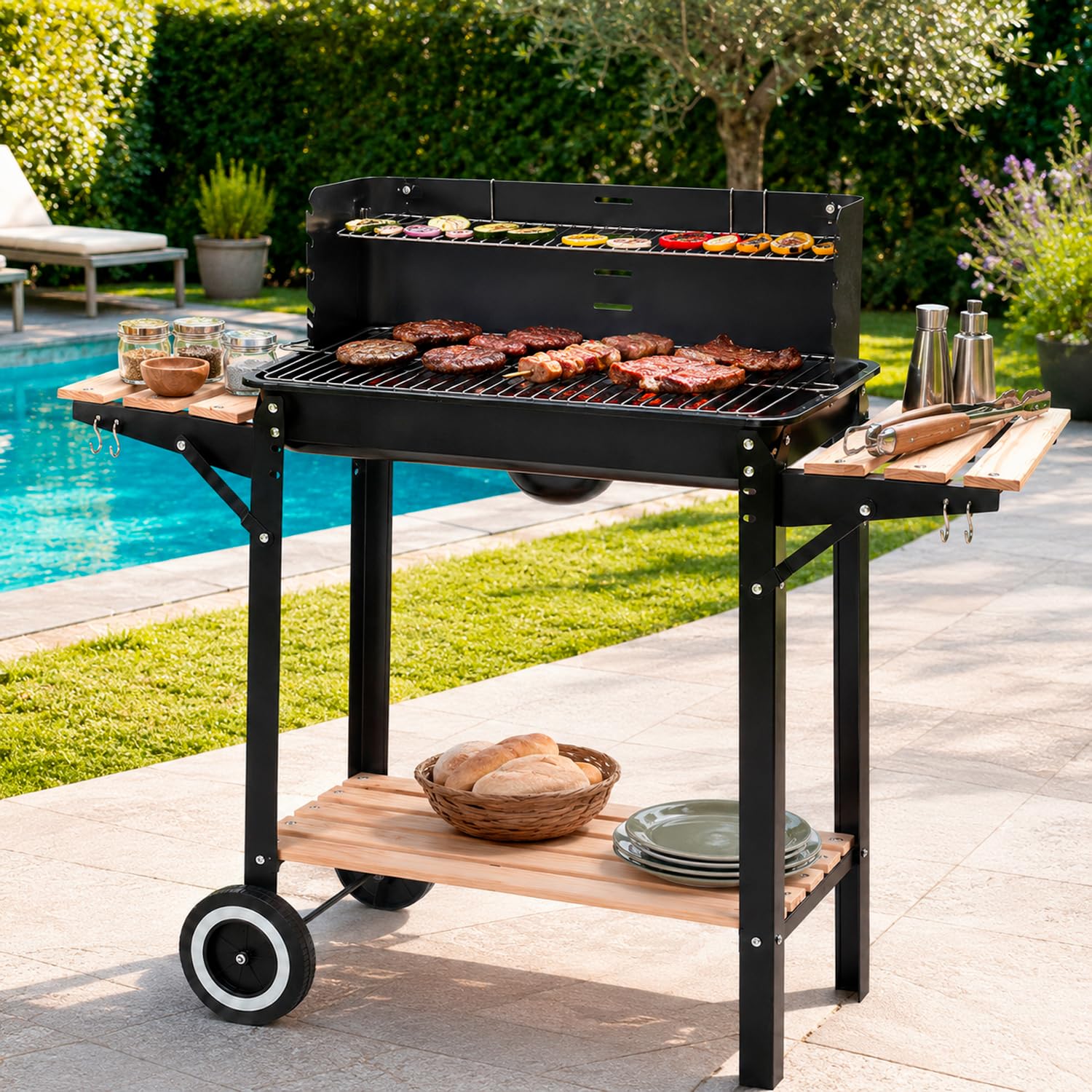 Barbecue A Carbone Con Paravento BBQ Antivento E Griglia Ripiani Laterali In Legno Ganci Per Utensili Ruote Per Facile Trasporto Perfetto Per Giardino E Campeggio 94 x 40 x 84 Cm Nero