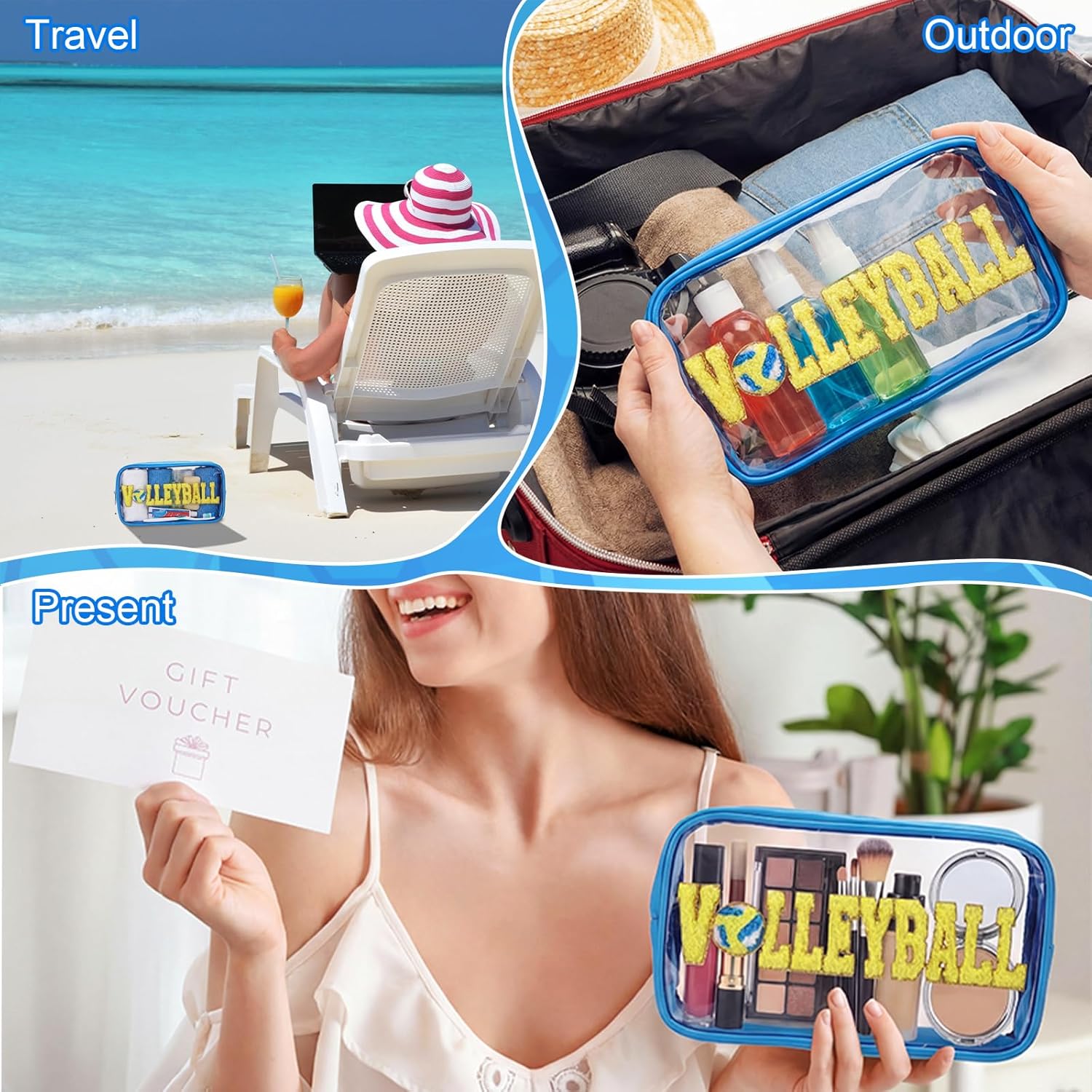 6 Pcs Volleyball Gifts Transparent Makeup Bag with Chenille Letter Patch Sport Goodie Clear PVC Pouch Organizer Waterproof Travel Toiletry Bags for Sports Theme Birthday Party Supplies