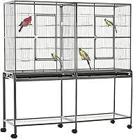PawHut 65" Double Rolling Bird Cage with Divider & Detachable Stand - Large Parrot Cage for Parakeets, Lovebirds, Finches, Budgies