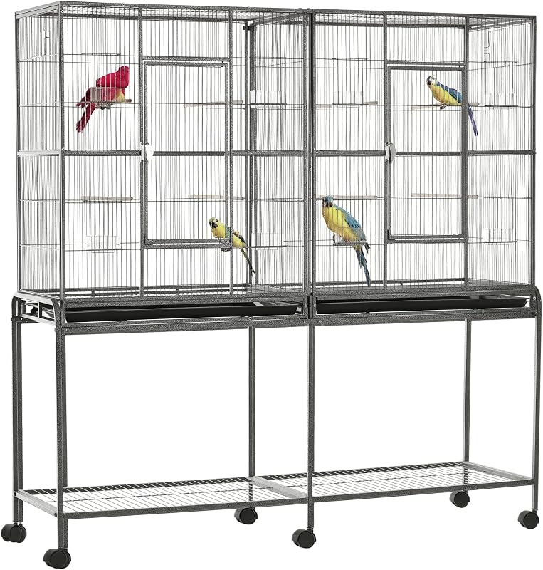 PawHut 65" Double Rolling Metal Bird Cage with Divider, Large Parrot Cage for Parakeet, Canaries, Lovebirds, Budgie, Finch, with Detachable Rolling Stand, Storage Shelf, Wood Perch & Food Container | for Parakeet, Canaries, Lovebirds, Budgie, Finch, Detachable Rolling Stand, Storage Shelf, Wood Perch, Food Container