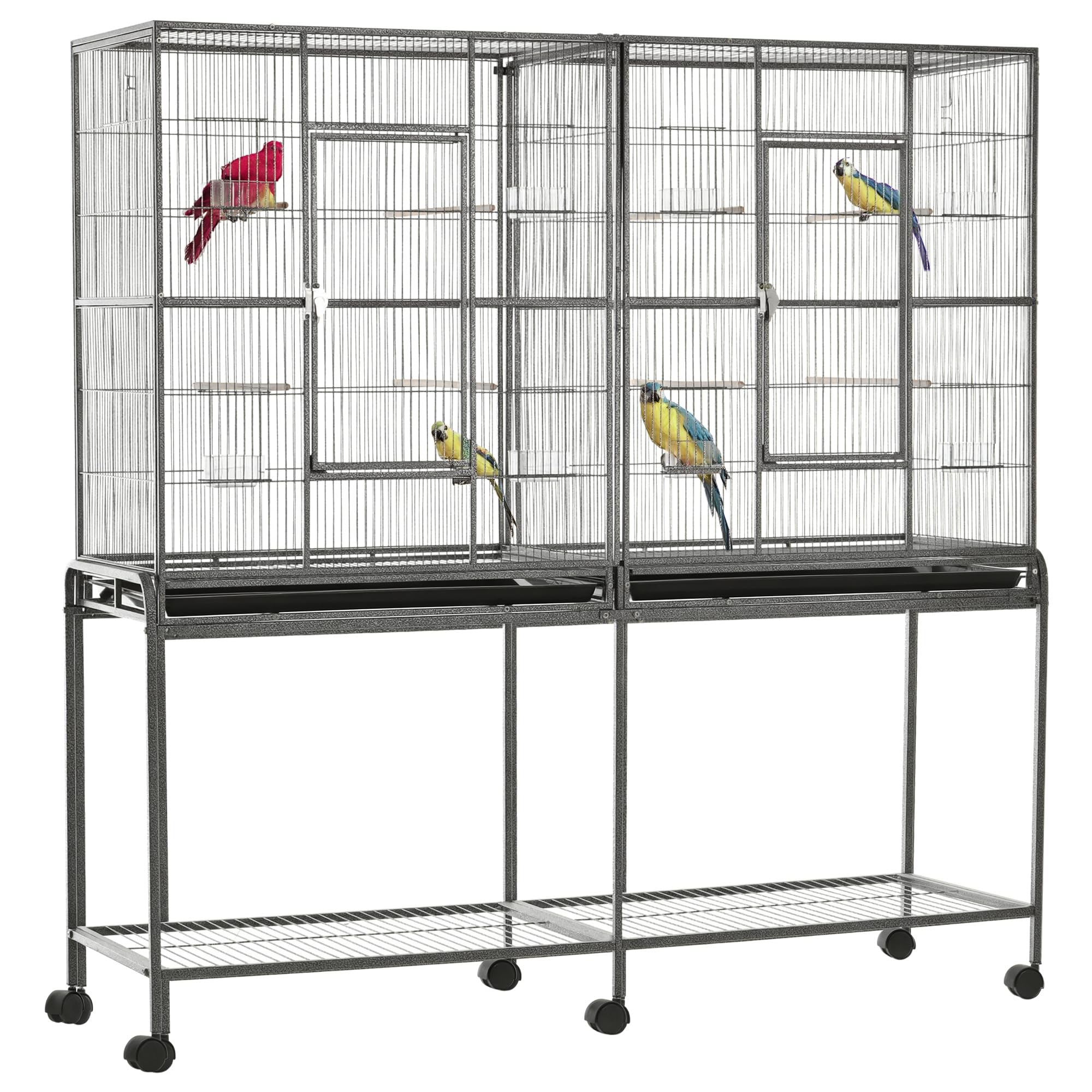 PawHut 65" Double Rolling Metal Bird Cage with Divider, Large Parrot Cage for Parakeet, Canaries, Lovebirds, Budgie, Finch, with Detachable Rolling Stand, Storage Shelf, Wood Perch & Food Container