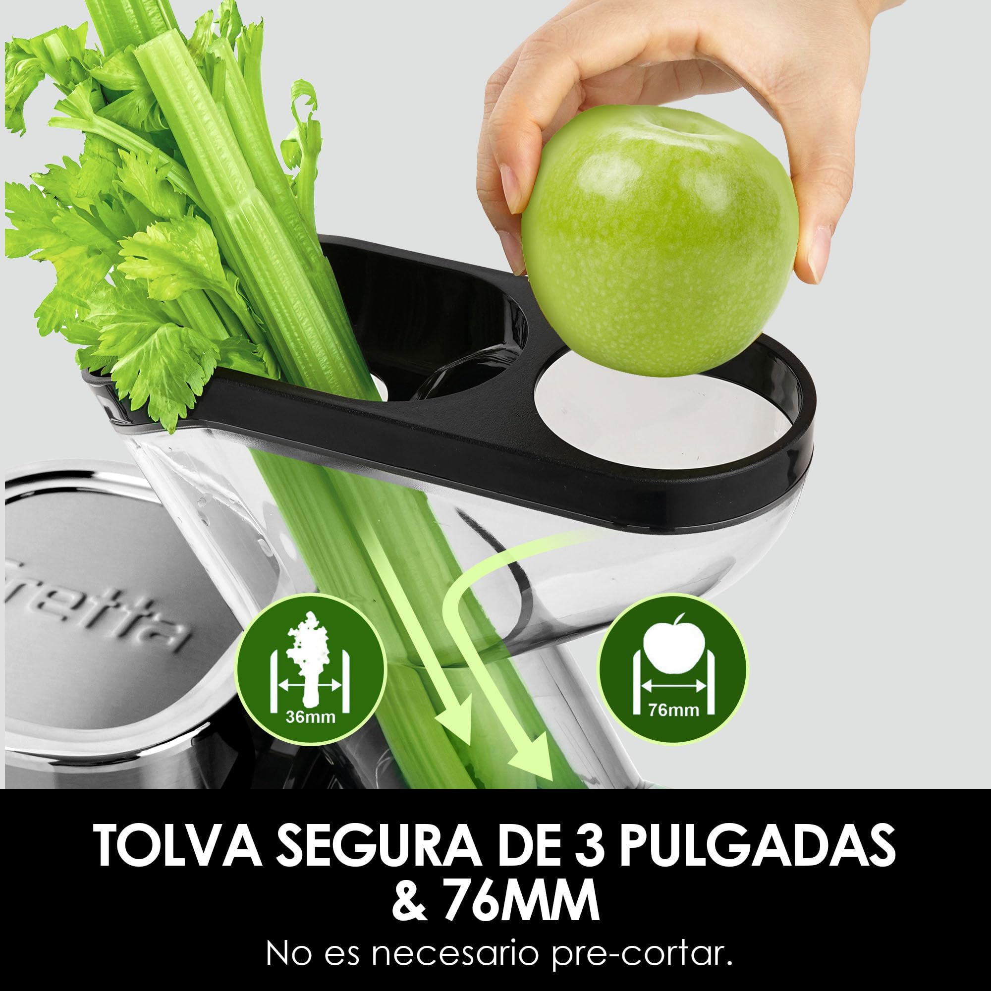Exprimidor en frío Fretta, boca ancha de 76 mm, sin BPA, cuerpo de acero inoxidable, exprimido lento de 200W que conserva la máxima nutrición, fácil de limpiar