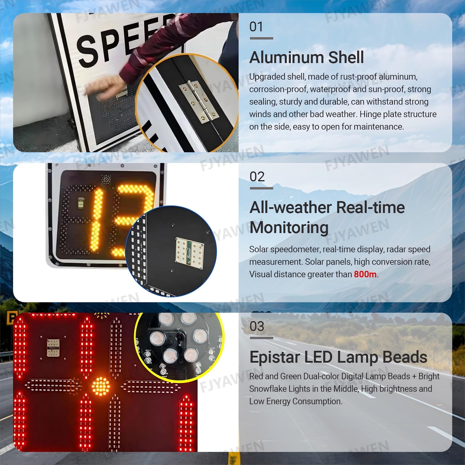 Señal solar de velocidad de radar con LED reflectantes, medición de velocidad de hasta 300 m, diseño impermeable, cobertura multicarretera, 50 x 70 cm