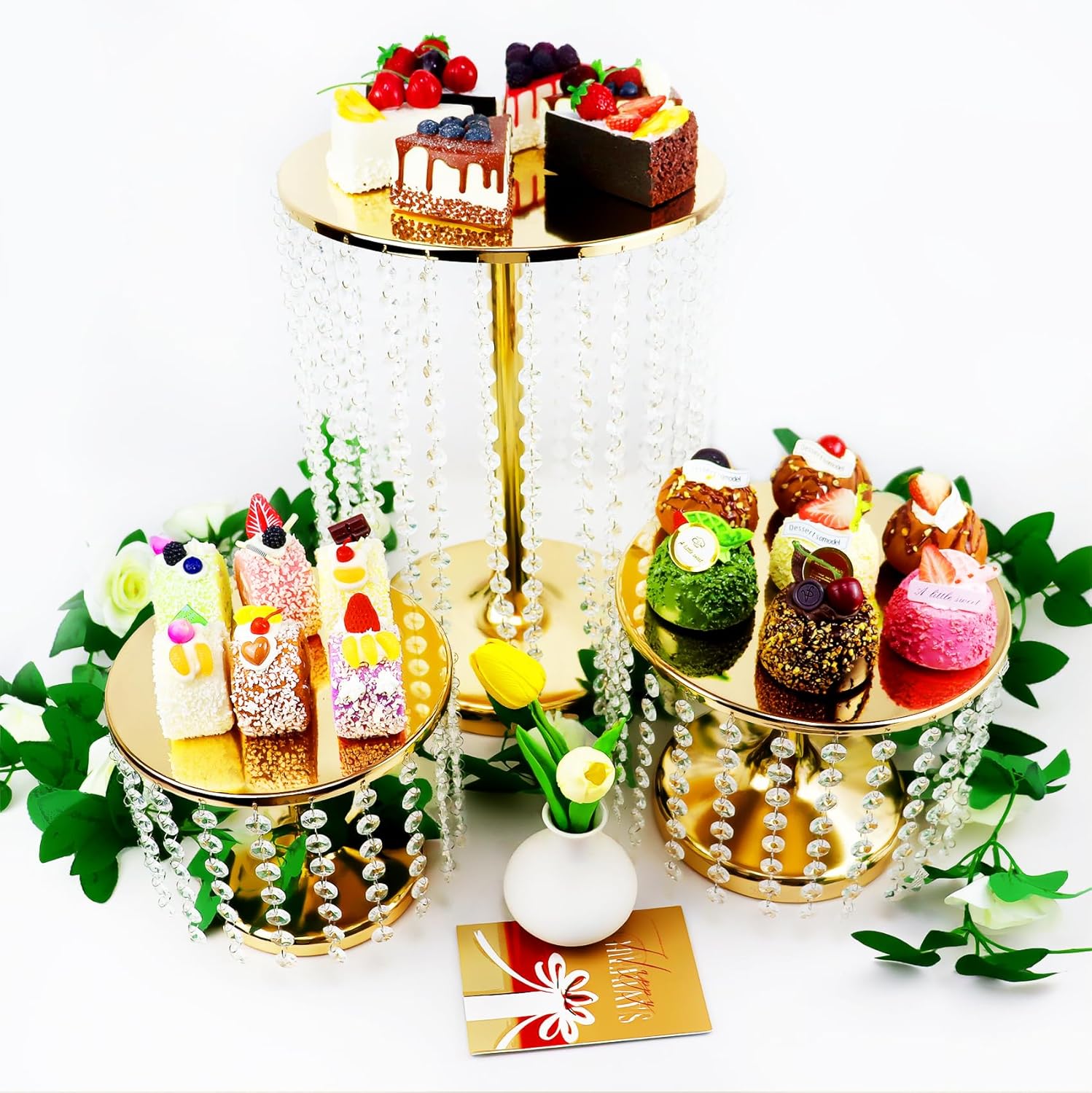 6pcs Crystal Gold Cake Stand Dessert Table Display Set, Round Metal Cupcake Holder with Pendant, Gold Desserts Stands for Wedding, Party