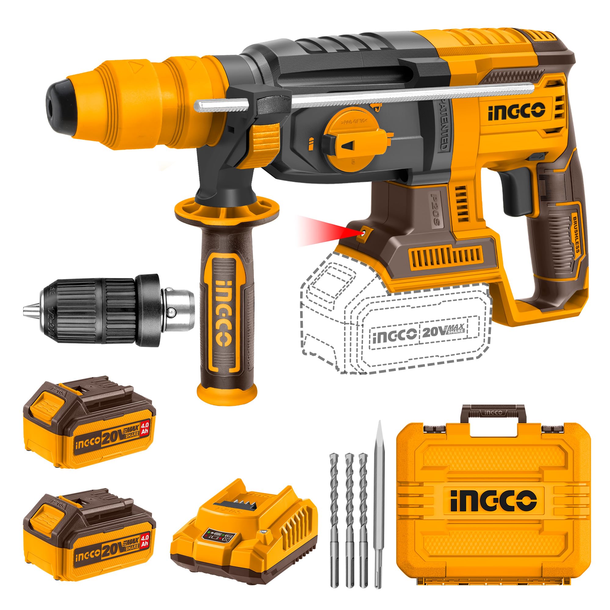 INGCO Cordless Hammer Drill Machine, Brushless Motor, 5000 BPM, 2.5 J, With 2 Batteries & Charger, With Drills & Chisel (B0DCZFGDXX) Amazon Price History, Amazon Price Tracker