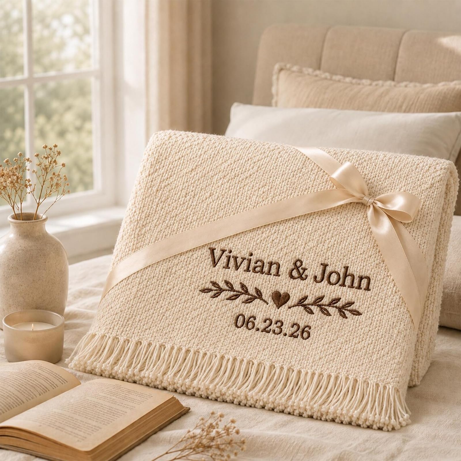Manta bordada personalizada para boda, regalo de inauguración de la casa para parejas casadas, regalo para el hogar de recién casados, manta de punto con borlas, regalo para matrimonio (150