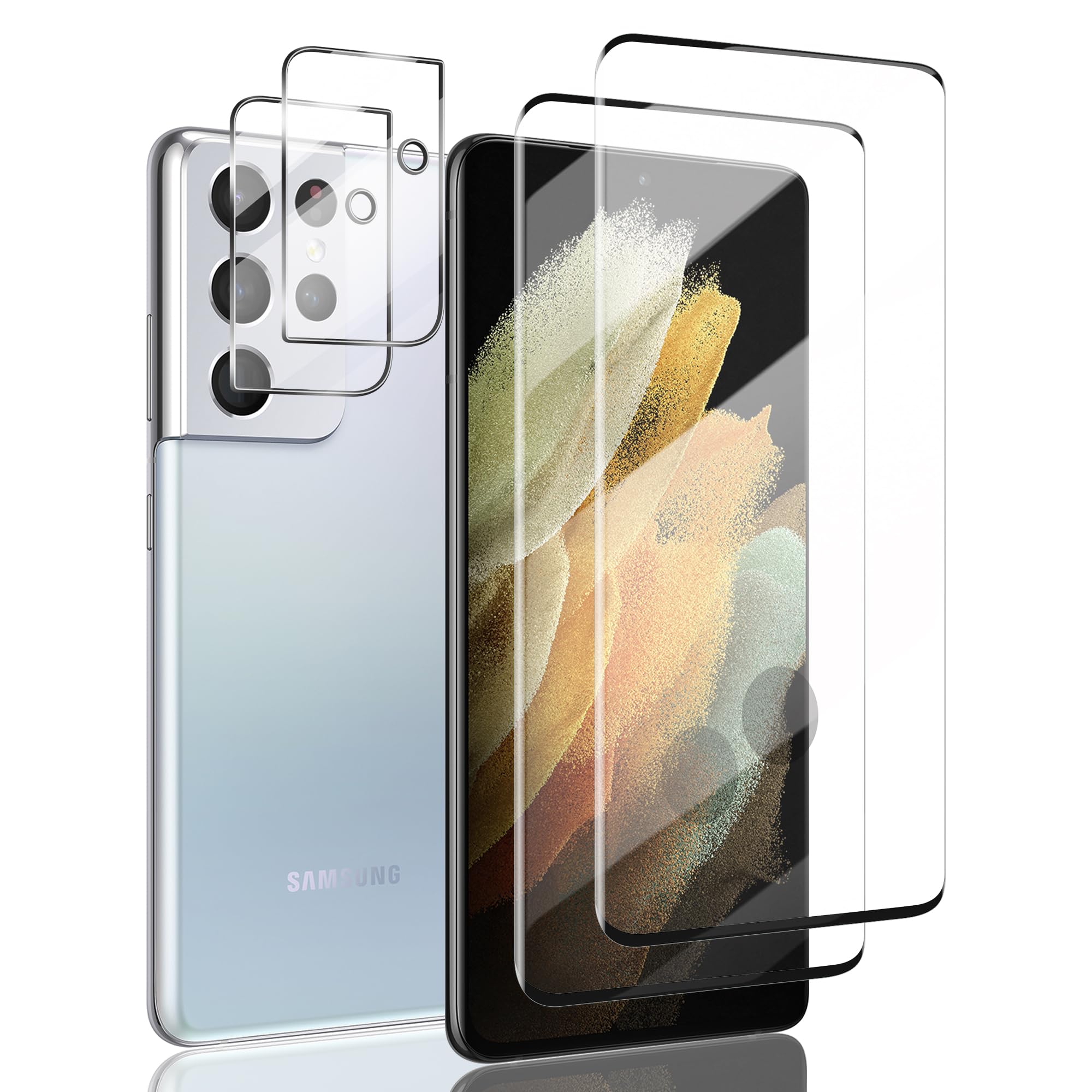 Tempered Glass For Galaxy S21 Ultra 5G Screen Protector 2 Pcs [6.8 Inch]+ Transparent HD Camera Lens Protector 2 Pack, 9H hardness, Ultrasonic Fingerprint Support, HD Clear, Bubble-free