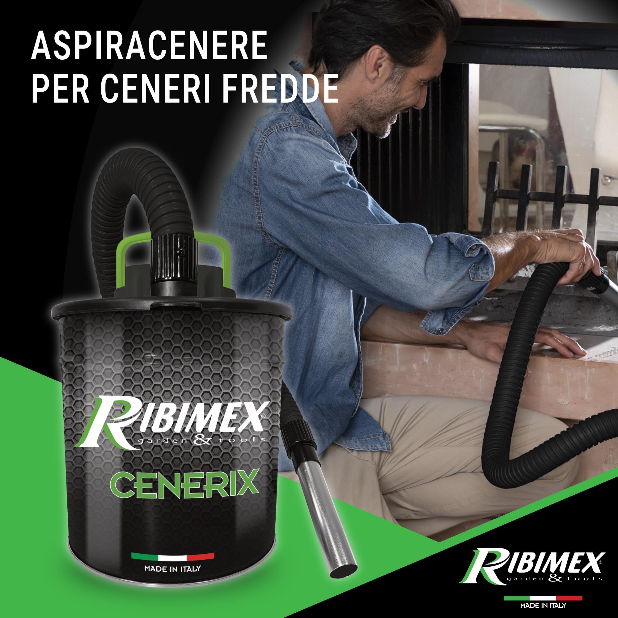 Ribimex Aspiracenere Elettrico Cenerix, con Funzione Soffiante e Filtro HEPA Lavabile, Bidone da 18 L, Potenza 1200 W, Ideale per Aspirare Ceneri Fredde da Stufe, Caminetti e Barbecue - PRCEN003/1200