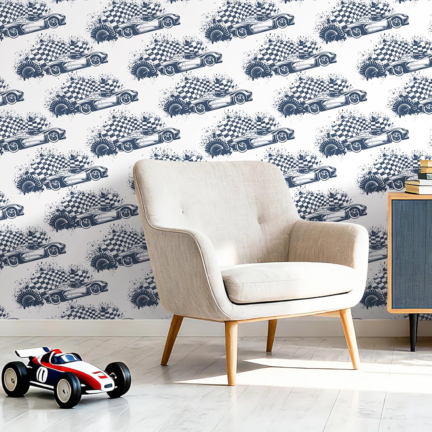 17.5x393 Racing Cars Peel and Stick Wallpaper Boys Room Masculine Navy Blue and White Gamer Wallpaper for Bedroom Playroom Renter Friendly Vintage Cars Contact Wall Paper Gaming Checkered