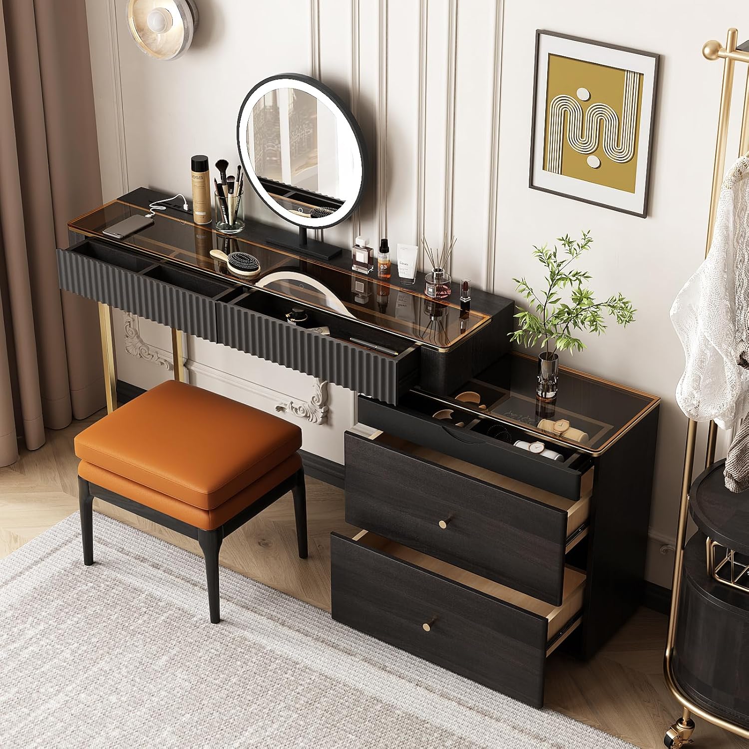 Lartis Makeup Vanity with Stool, Very Easy to Assemble,Retractable TV Cabinet Combination, Dressing Table Desk in one, Super Storage