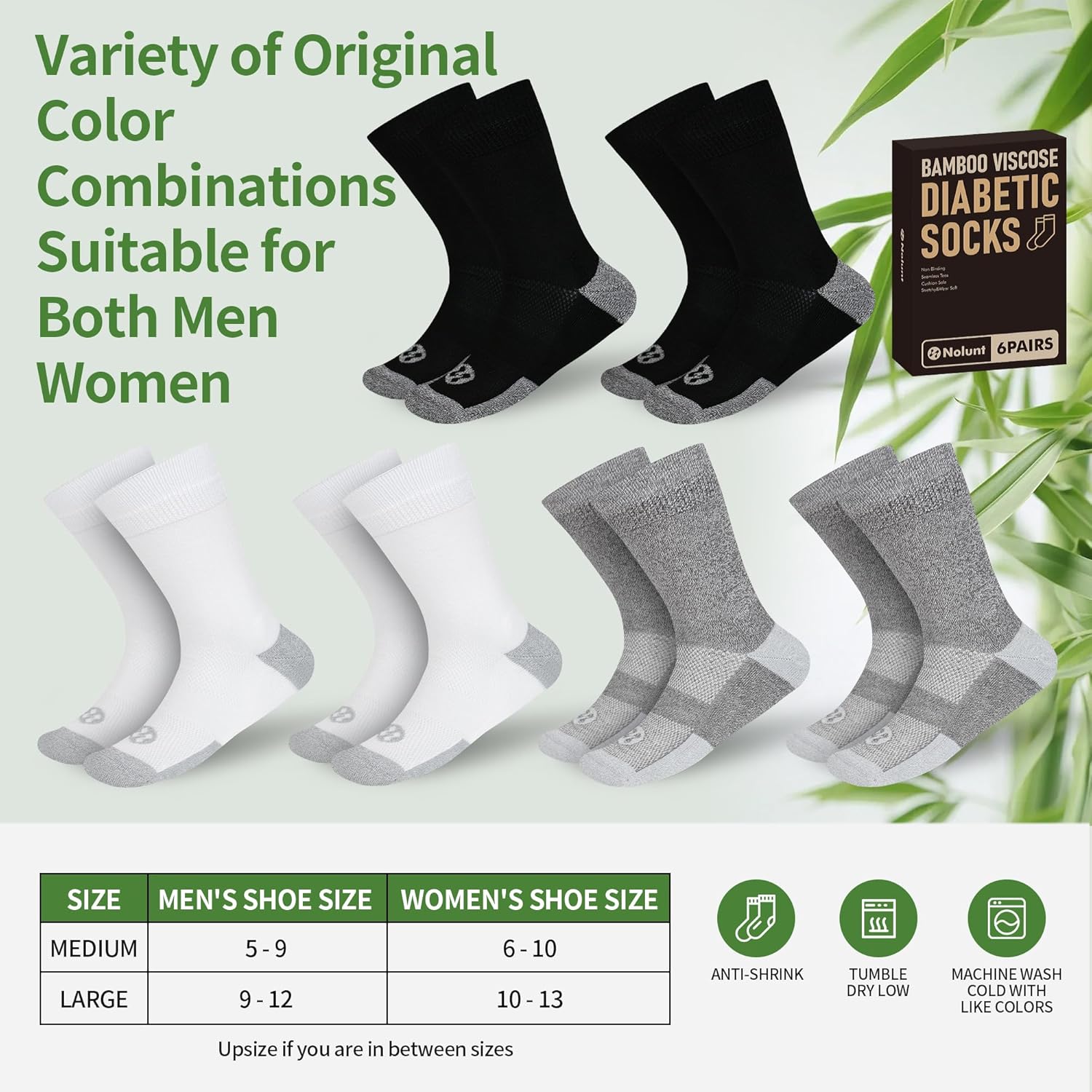 Diabetic Socks for Men,6 Pairs Bamboo Viscose No Binding Crew Diabetic Socks 9-12(Black+White+Dark Grey-Large) - Image 5