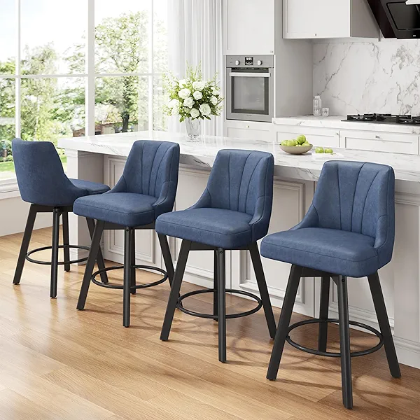 REONEY Counter Height Swivel Bar Stool, 24" Upholstered PU Leather Barstools Set of 4, Counter Stool Chair with Back & Solid Wood Legs for Kitchen Island Dining Room (Blue)