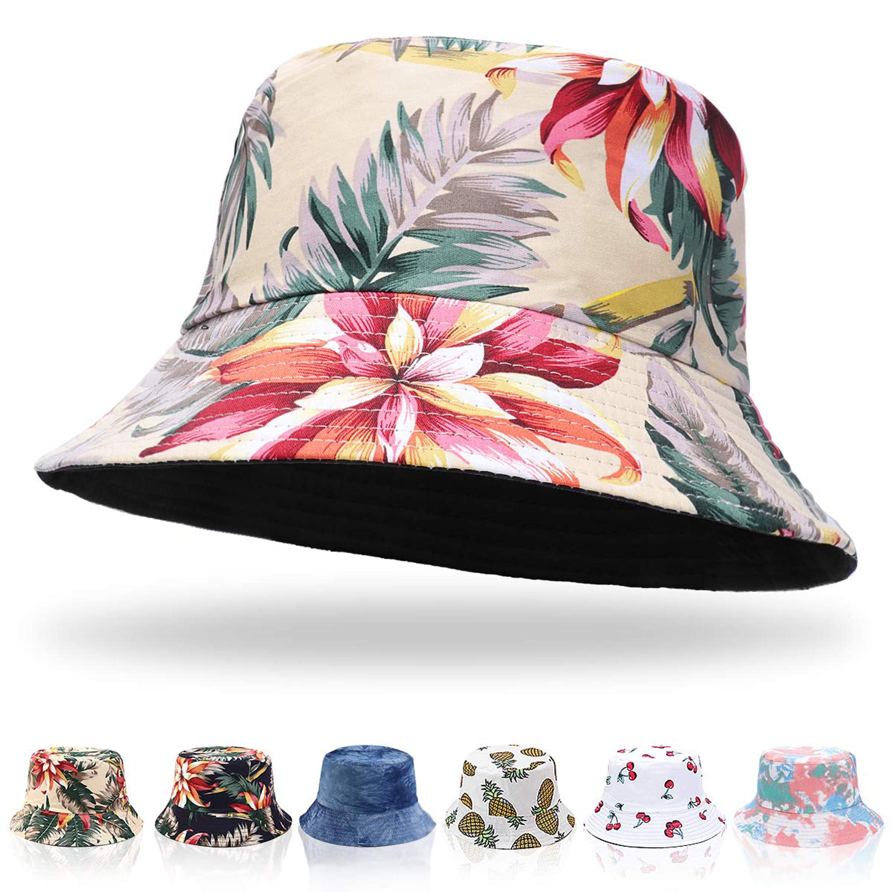 Keho Women's Flower-White Bucket Hats - Reversible Cotton Summer Beach Sun Hats Foldable Fisherman Hat For Travel Beach Hiking Uk