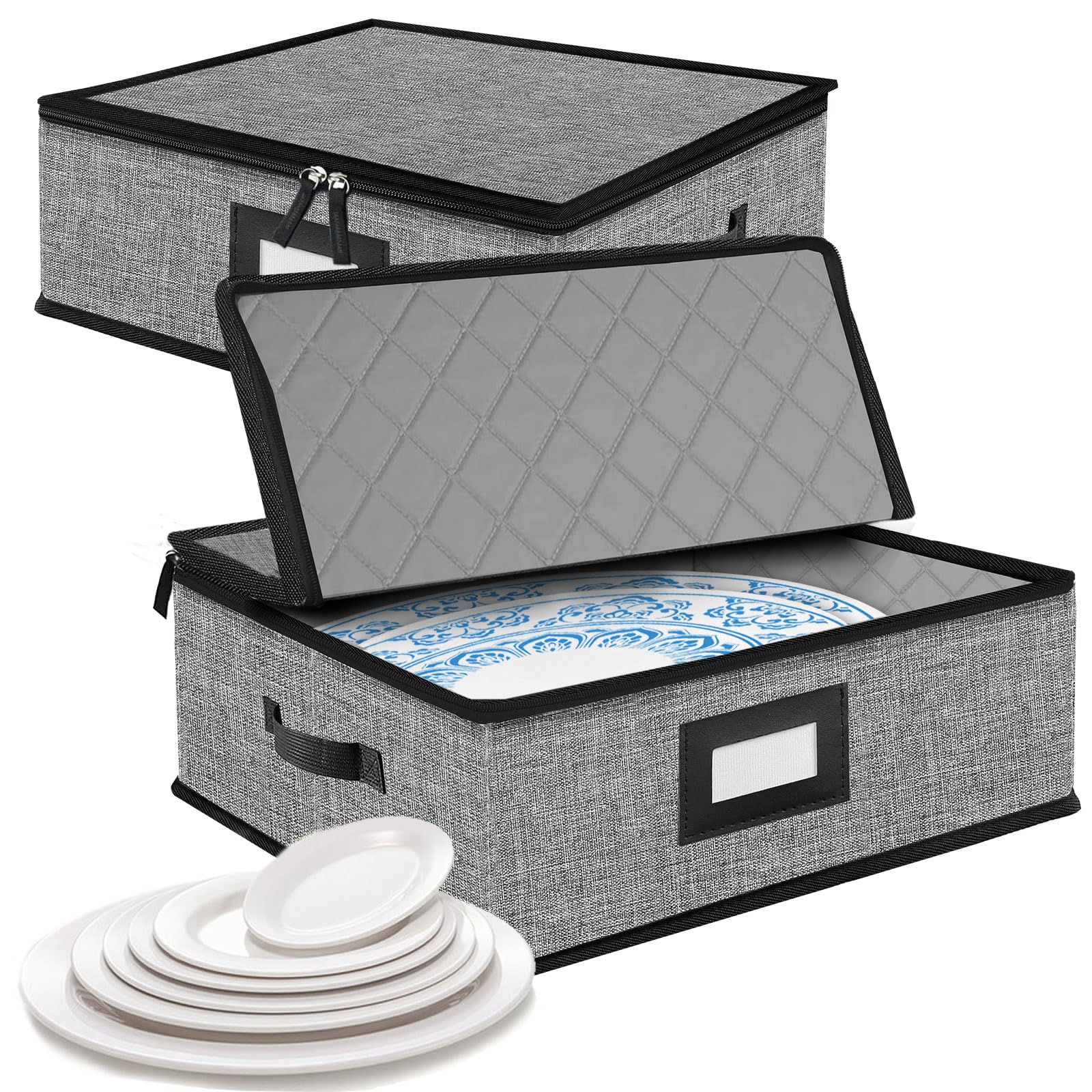 Quilted Platter Storage Case 2PACK-Fine China Storage Containers Hard Shell for Organizing,Stackable Plate Storage Containers with 8 Felt Dividers,dinnerware Storage,Moving Box,Moving Supplies