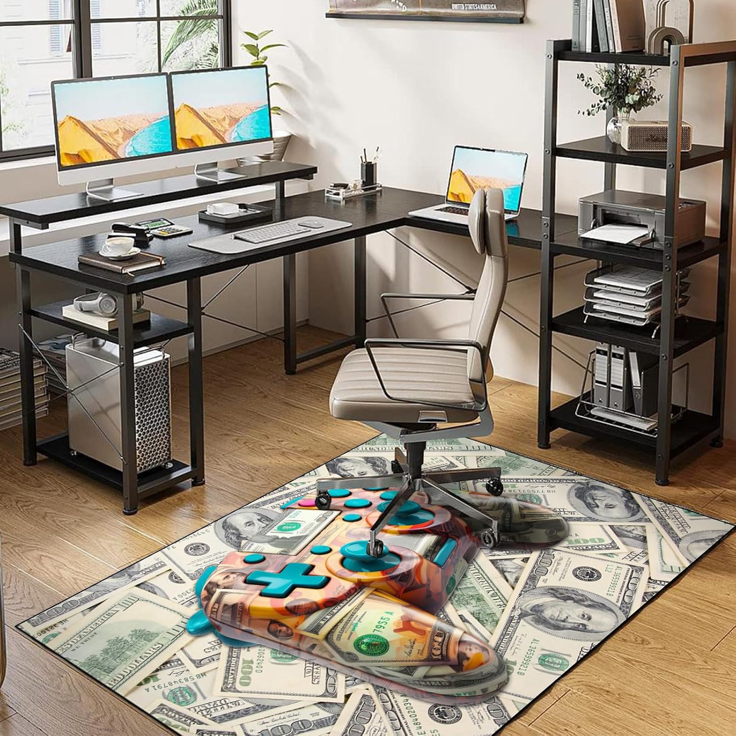 Gaming Area Rug Teen Boys Carpet, 100 Dollar Gamepad and Paper Currency Money Background Game Controller Design for Game Room, Boys Girls Bedroom Playroom, Living Room (79" x 59")