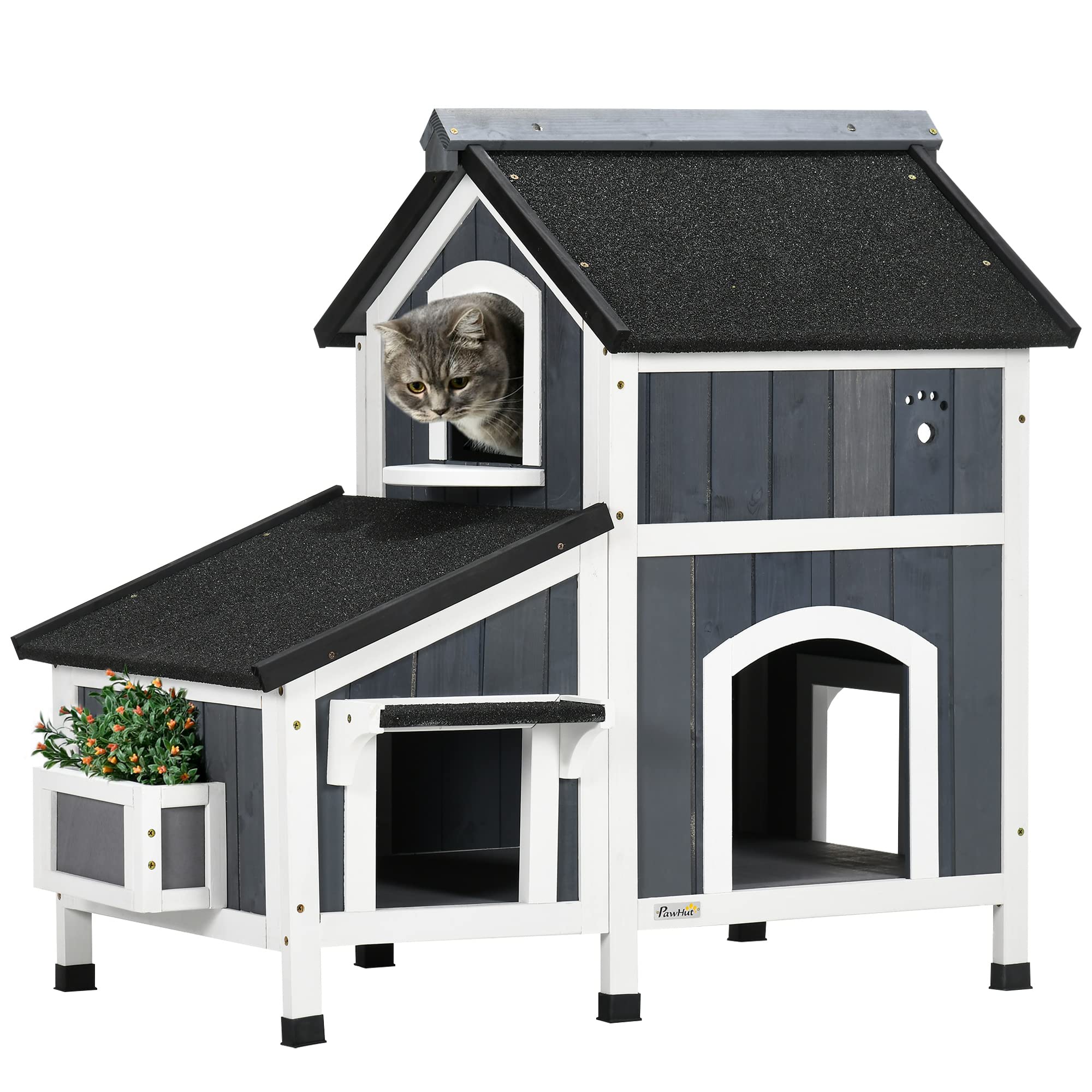 PawHut Caseta para Gatos de Madera con Macetero 96x65x85,5 cm Casa para Gatos de 2 Niveles con Techo Asfáltico Ventanas Múltiples Entradas y Patas Elevadas para Interior y Exterior Gris